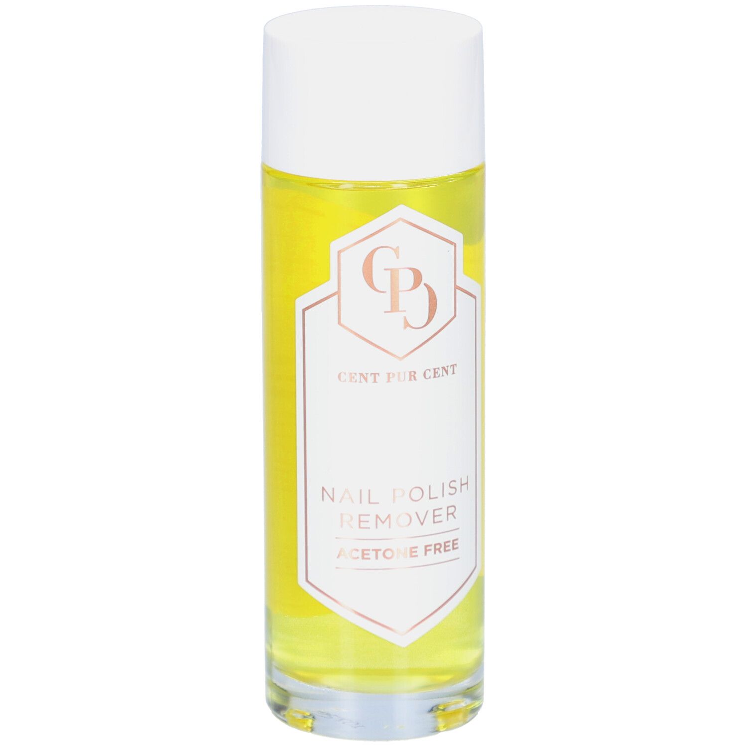 Flacon cylindrique avec bouchon blanc. Inscription : Cent Pur Cent, dissolvant pour vernis à ongles, sans acétone.