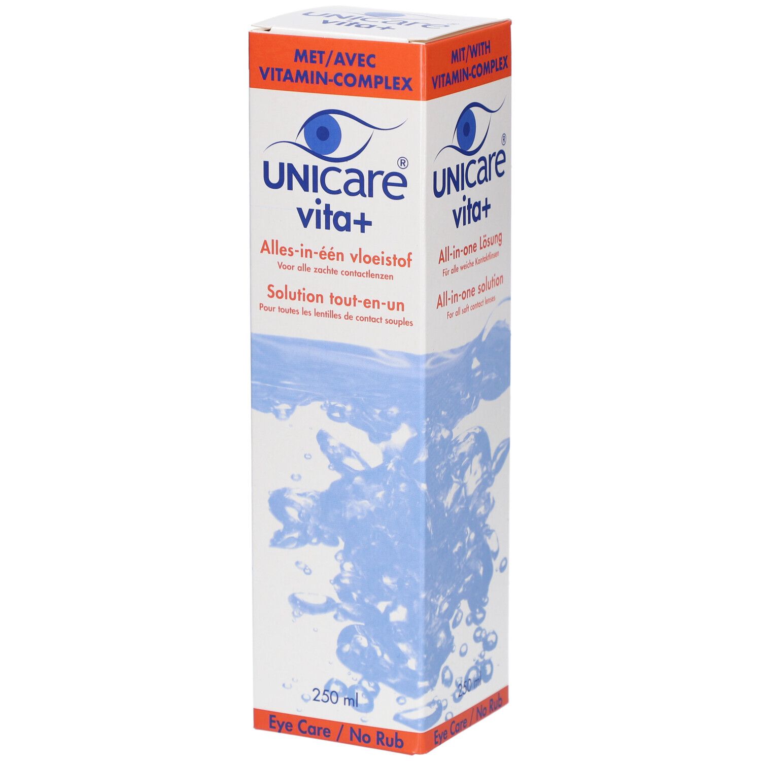 Emballage de solution Unicare vita+. Boîte blanche avec motif d'eau bleu et nom du produit. Contient 250 ml.