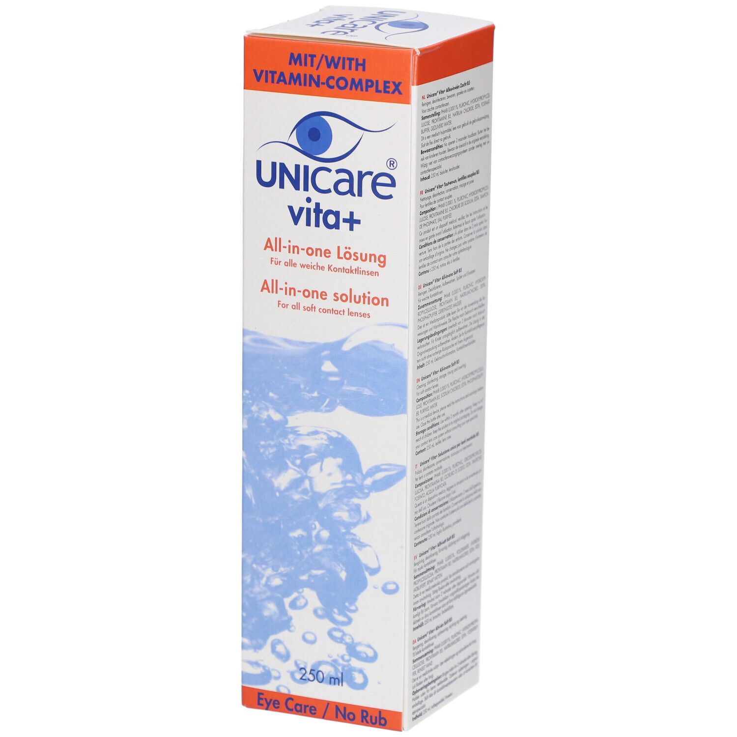 Emballage Unicare vita+. Boîte blanche avec motif d'eau bleu et nom du produit. Contient 250 ml.