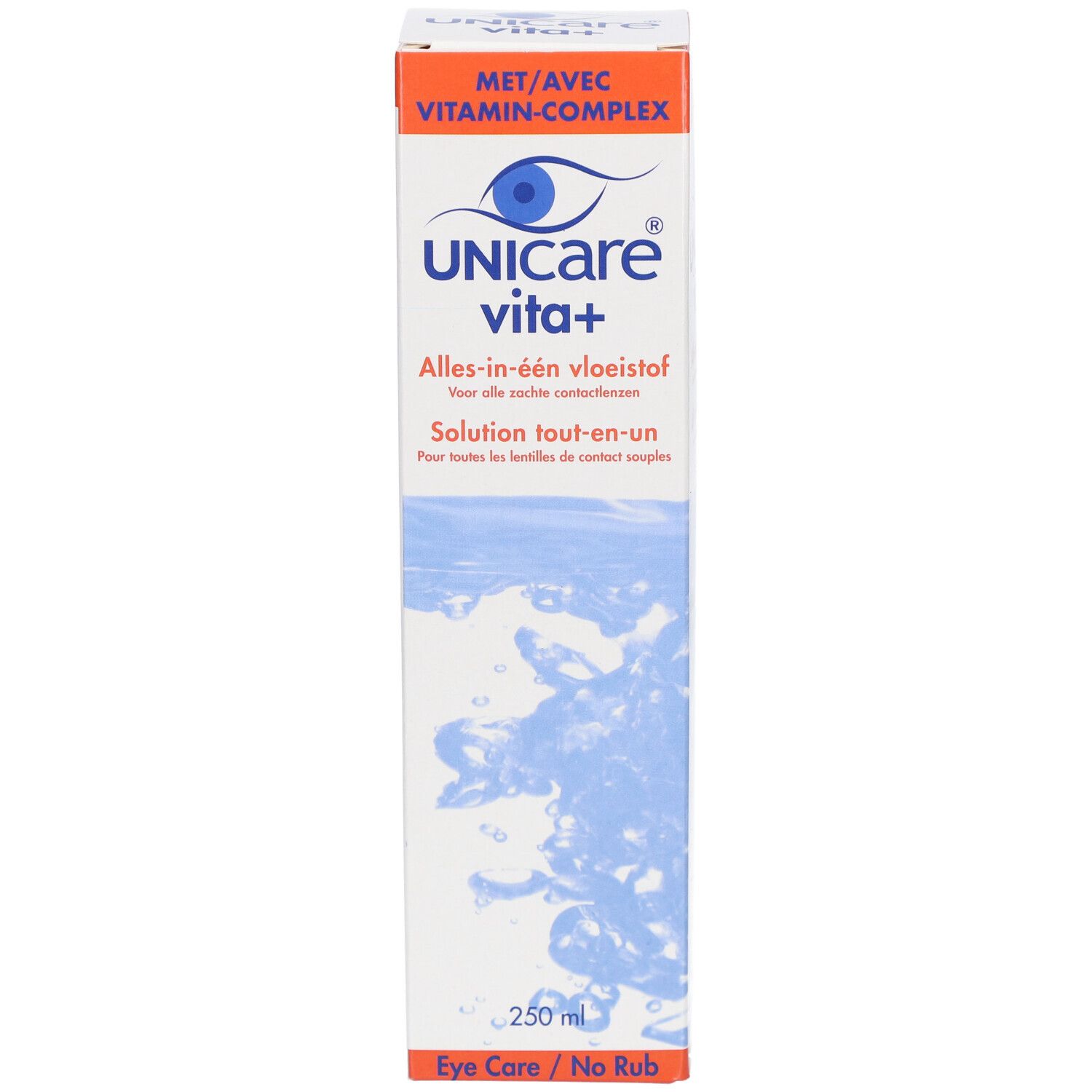 Emballage Unicare vita+. Boîte blanche avec motif d'eau bleu et nom du produit. Contient 250 ml.