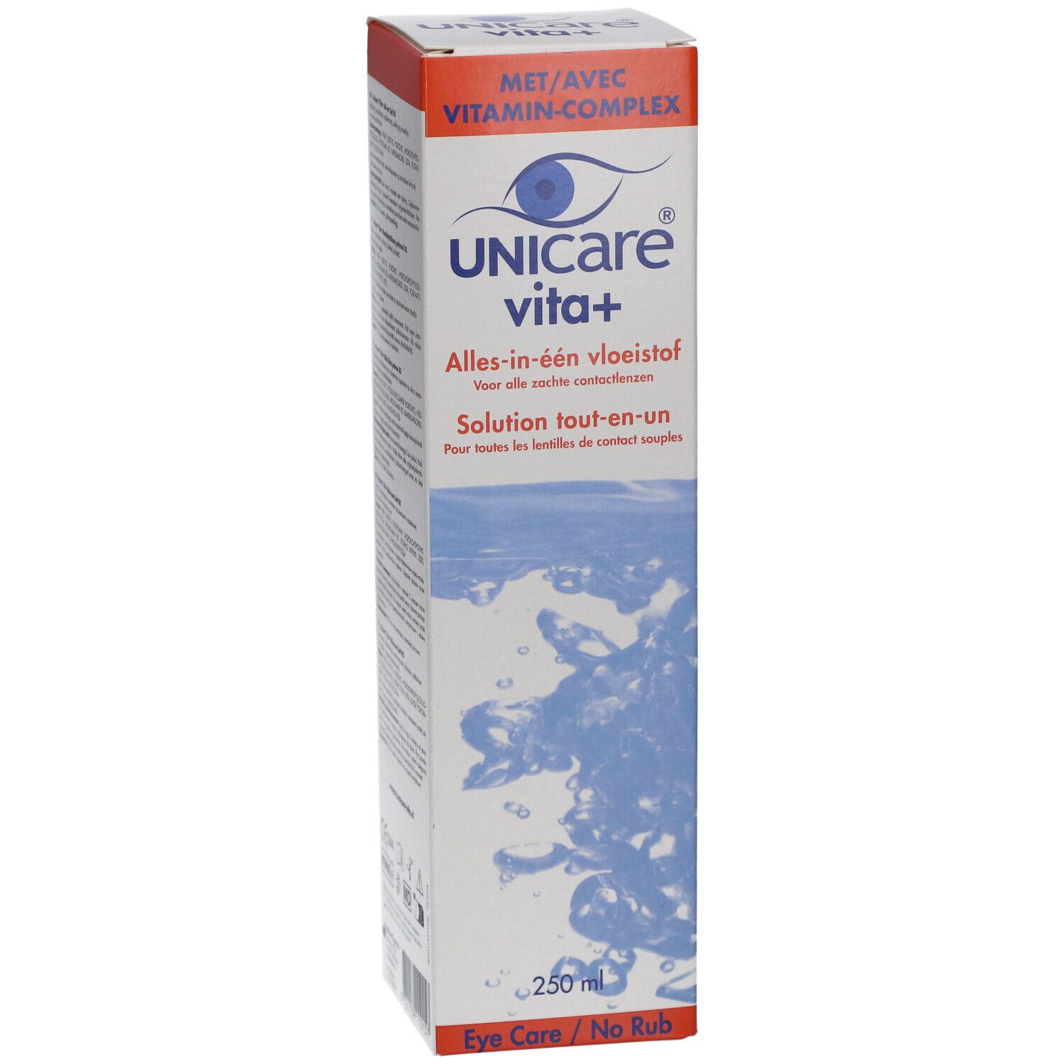 Emballage Unicare vita+. Boîte blanche avec motif d'eau bleu et nom du produit. Contient 250 ml.