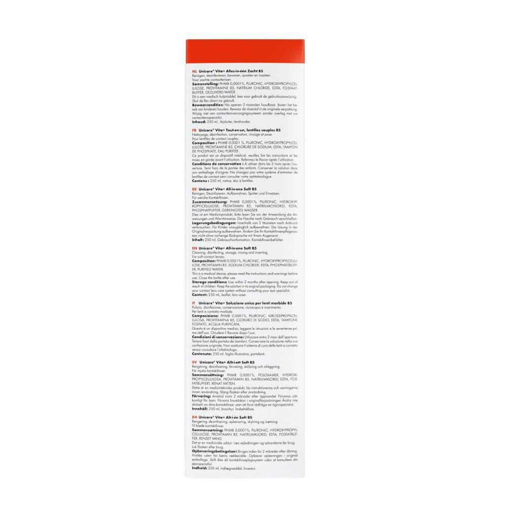 Dos de la boîte de solution pour lentilles Unicare vita+. Texte multilingue. Informations sur l'utilisation et les ingrédients.