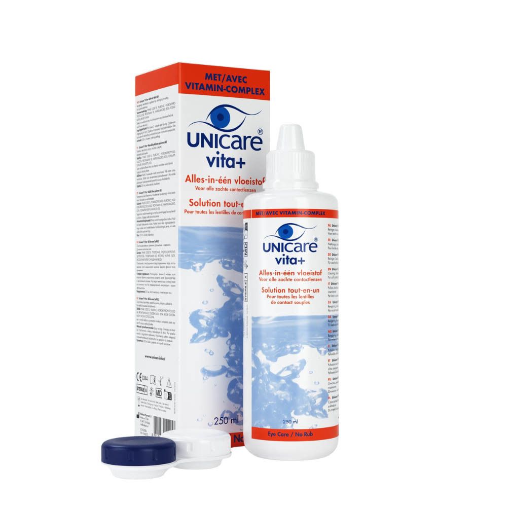 Flacon et boîte de solution Unicare vita+. Blanc, bleu et orange. Accessoires.