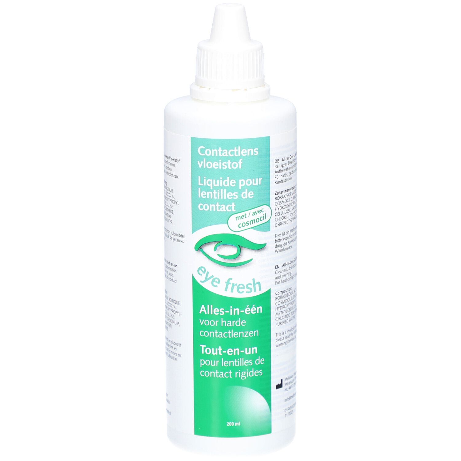 Flacon blanc de liquide pour lentilles de contact. Inscription: Eye Fresh, Tout-en-un pour lentilles de contact rigides. Avec Cosmocil.