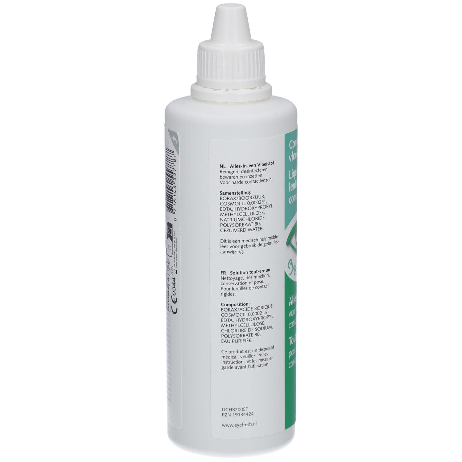Dos du flacon de liquide pour lentilles de contact. Contient des ingrédients comme l'acide borique, Cosmocil et chlorure de sodium. Texte en néerlandais et français.