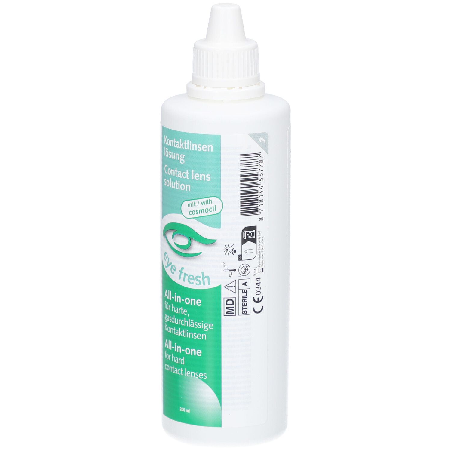 Flacon blanc de solution pour lentilles de contact. Inscription: Eye Fresh, Tout-en-un pour lentilles de contact rigides. Avec Cosmocil.