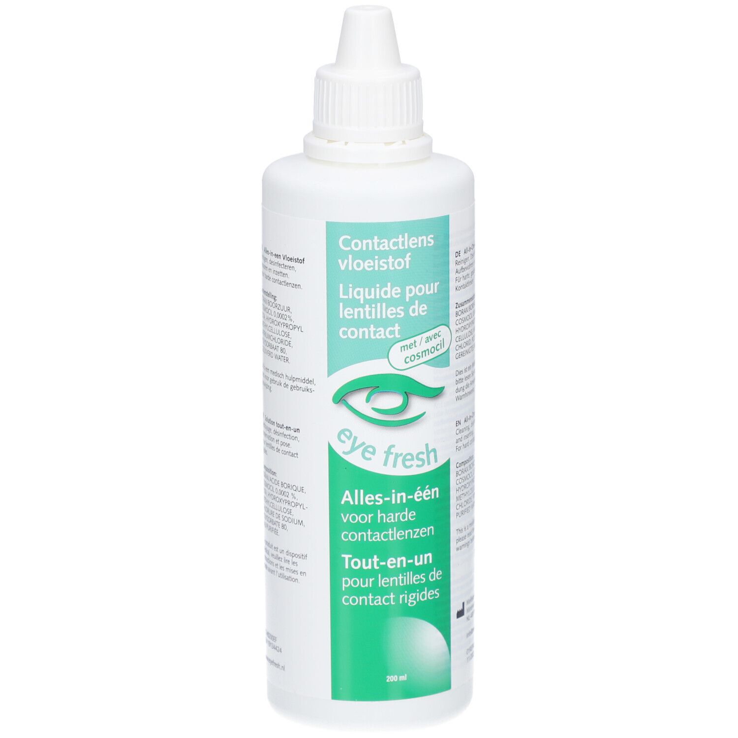 Flacon blanc de liquide pour lentilles de contact. Inscription: Eye Fresh, Tout-en-un pour lentilles de contact rigides. Avec Cosmocil.