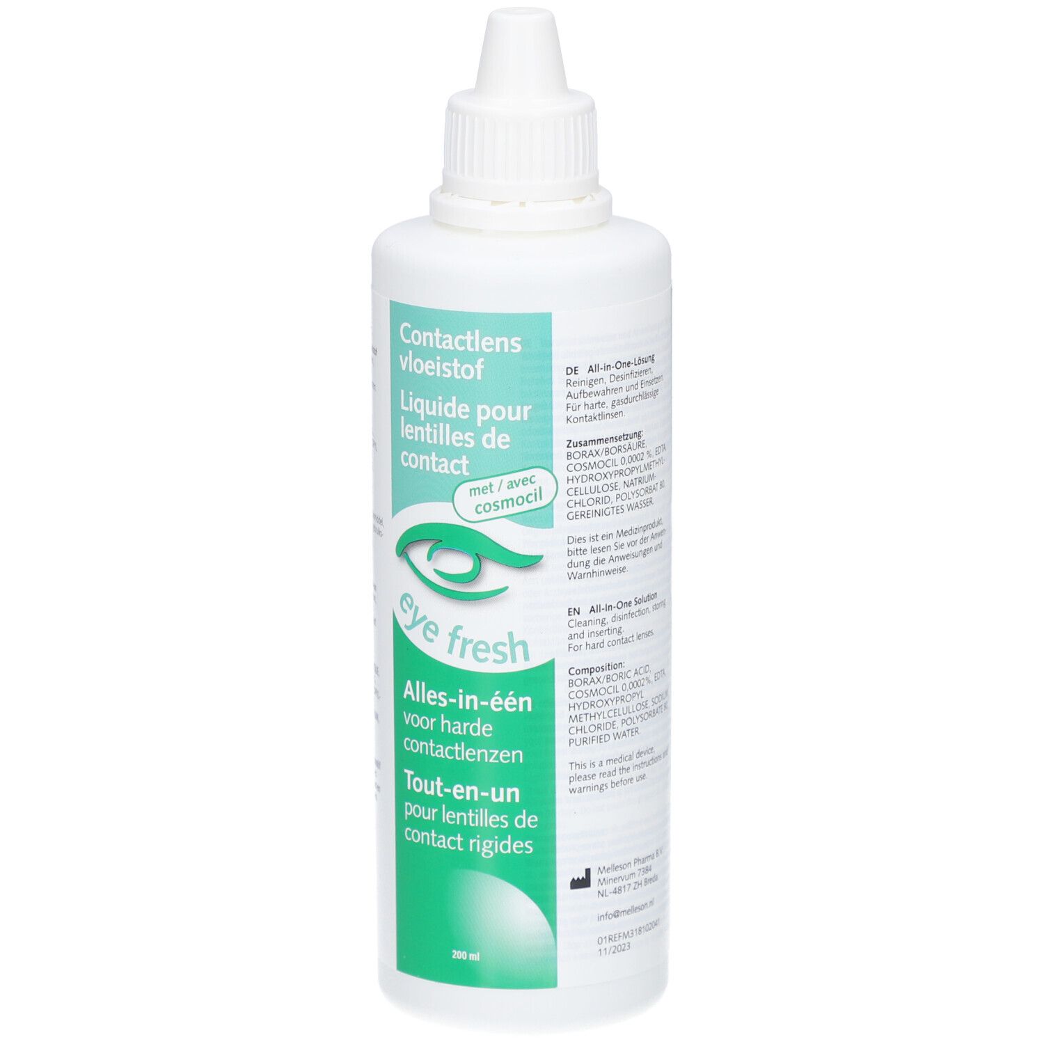 Flacon blanc de liquide pour lentilles de contact. Inscription: Eye Fresh, Tout-en-un pour lentilles de contact rigides. Avec Cosmocil.