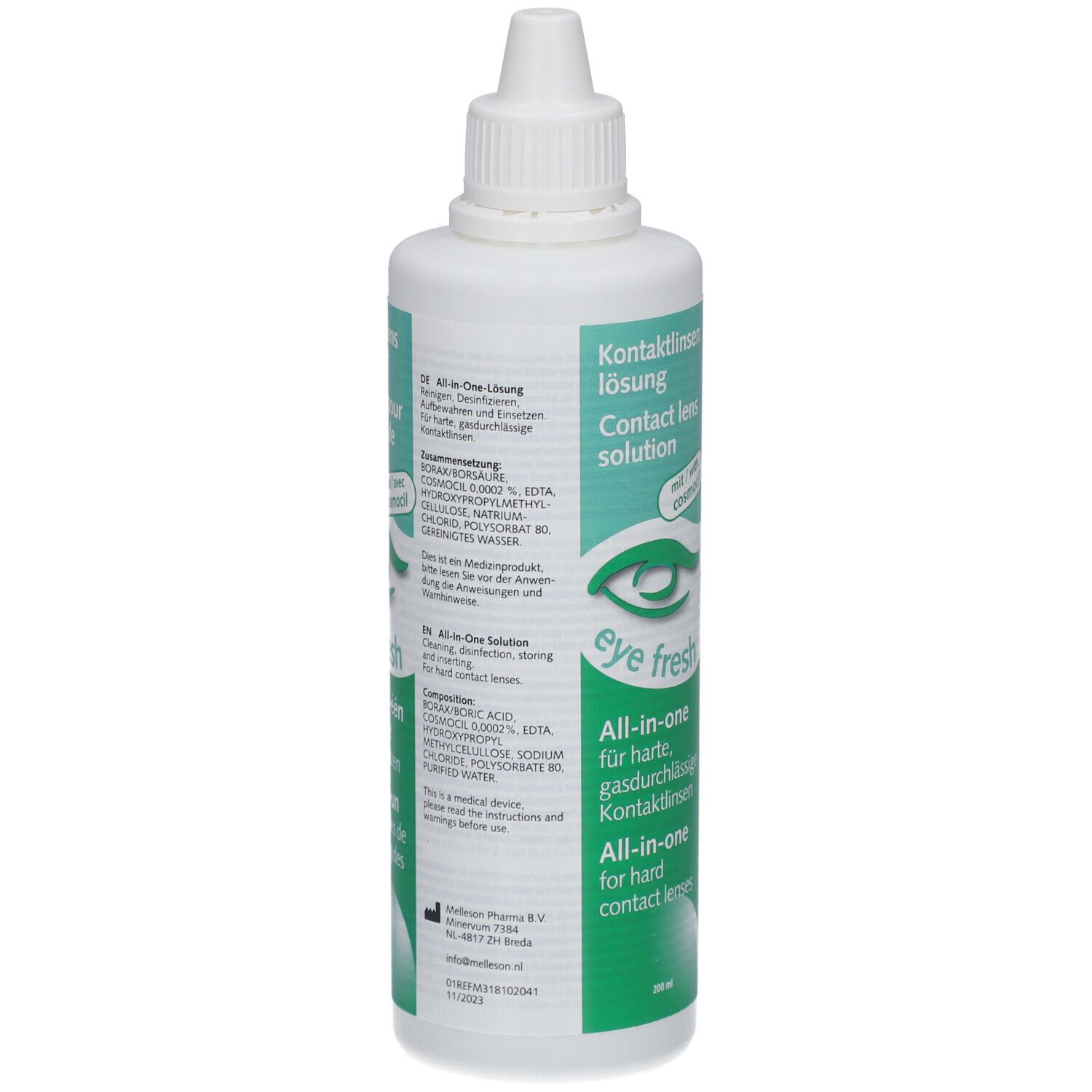Dos de la solution pour lentilles de contact. Contient des ingrédients comme l'acide borique, Cosmocil et chlorure de sodium. Texte en allemand et anglais.