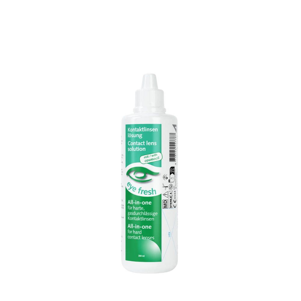 Flacon blanc de solution pour lentilles. Inscription: Eye Fresh, Tout-en-un pour lentilles rigides. Avec Cosmocil.