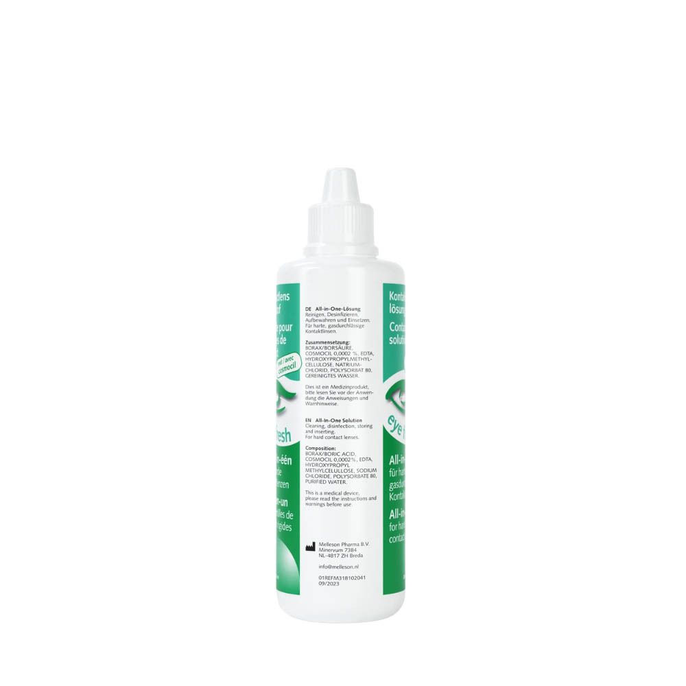 Dos d'un flacon blanc avec étiquette verte. Texte multilingue. Ingrédients et informations du fabricant.