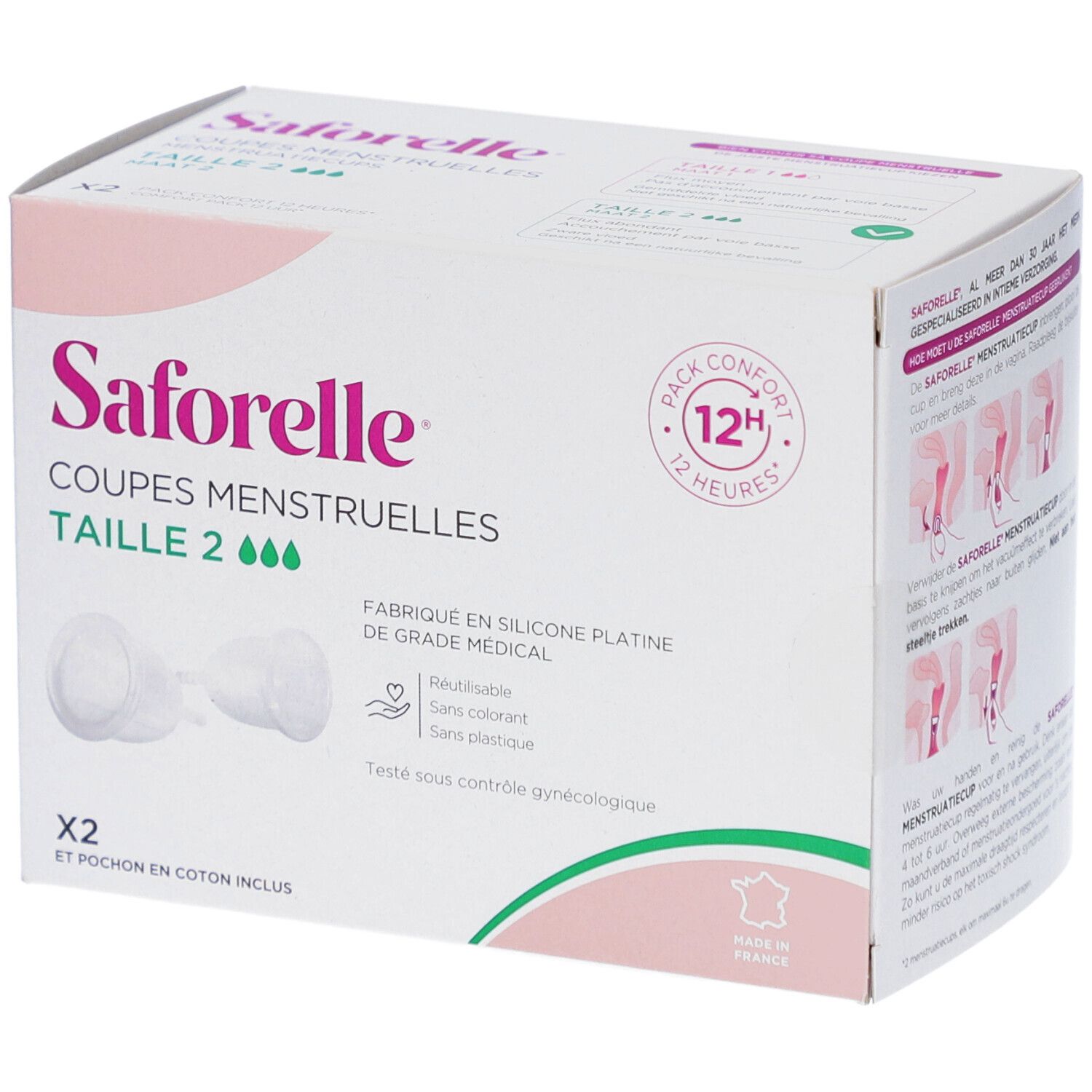 Boîte Saforelle Coupes Menstruelles Taille 2. Deux coupes et une pochette en coton. Réutilisable, sans colorant ni plastique. Fabriqué en France.