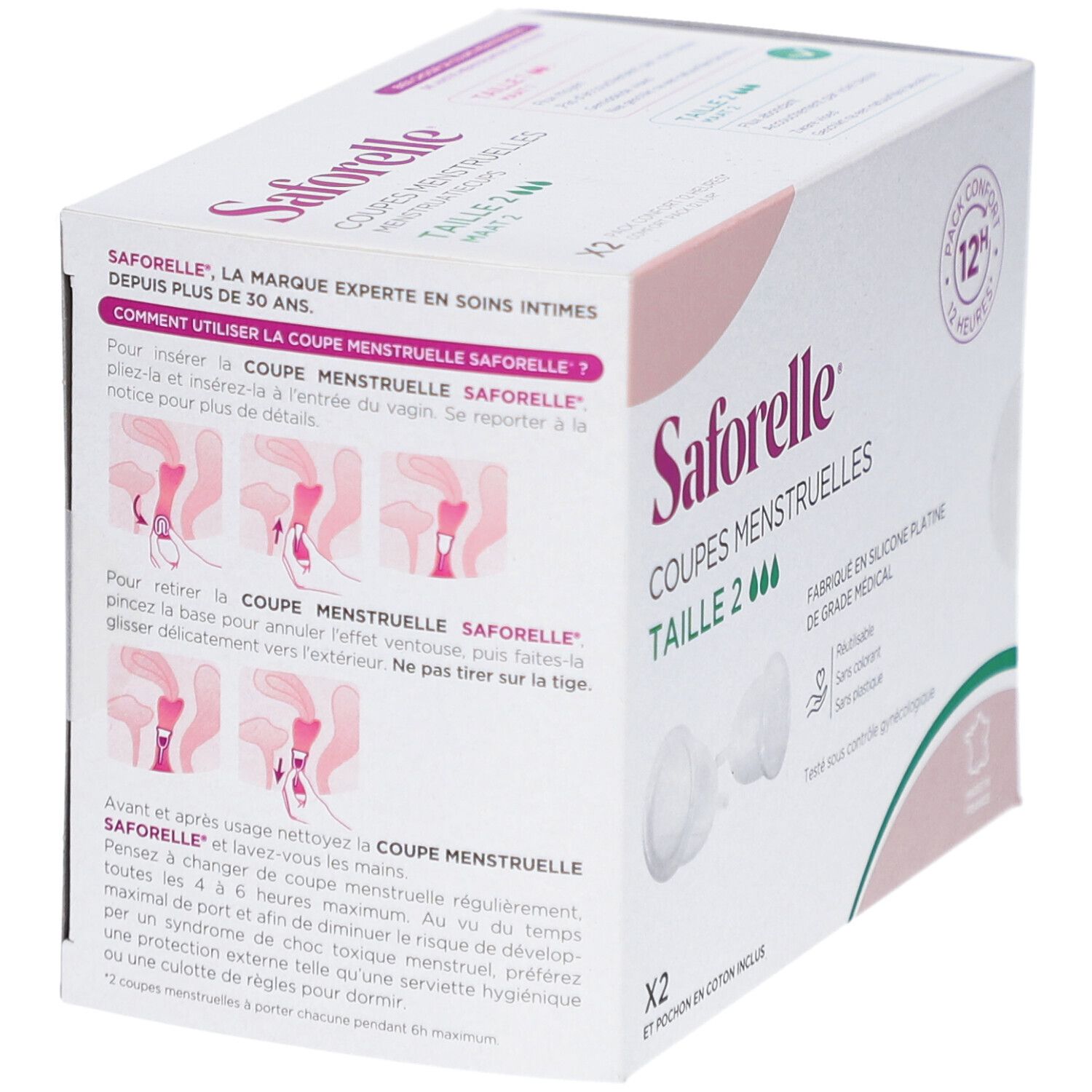 Boîte Saforelle Coupes Menstruelles Taille 2. Instructions d'utilisation illustrées. Réutilisable, sans colorant ni plastique. Fabriqué en France.
