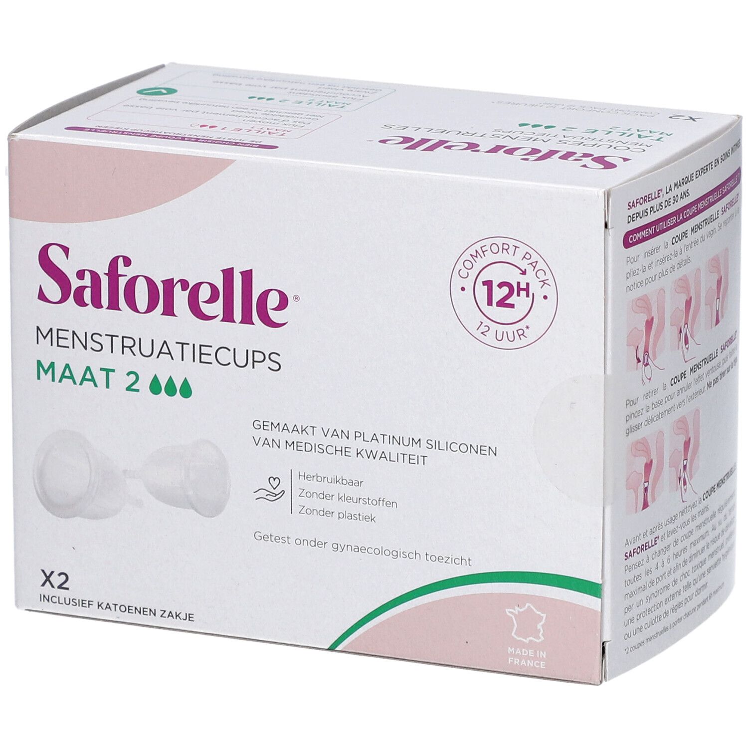 Boîte Saforelle Coupes Menstruelles Taille 2. Deux coupes et une pochette en coton. Réutilisable, sans colorant ni plastique. Fabriqué en France.