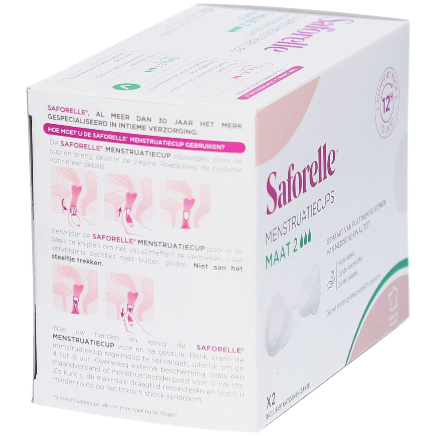 Boîte Saforelle Coupes Menstruelles Taille 2. Instructions d'utilisation illustrées. Réutilisable, sans colorant ni plastique. Fabriqué en France.