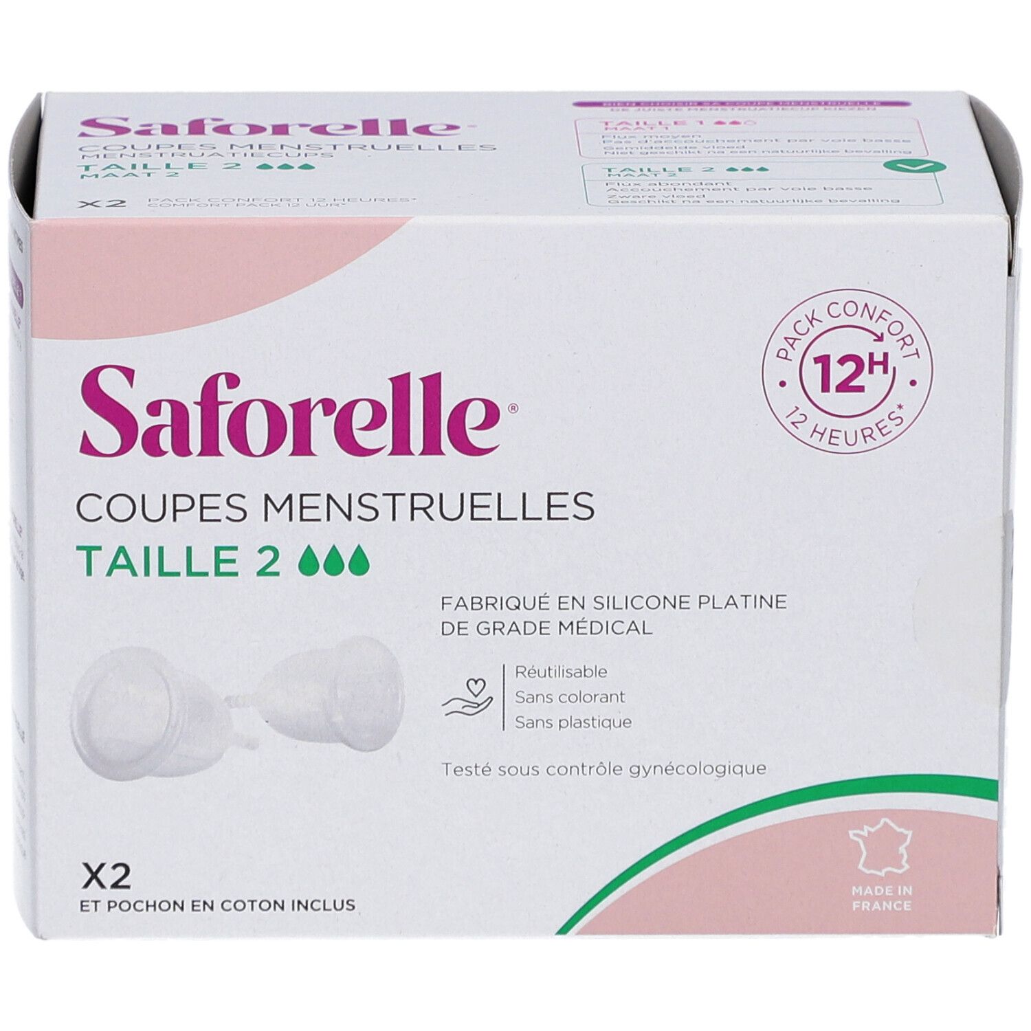 Boîte Saforelle Coupes Menstruelles Taille 2. Deux coupes et une pochette en coton. Réutilisable, sans colorant ni plastique. Fabriqué en France.