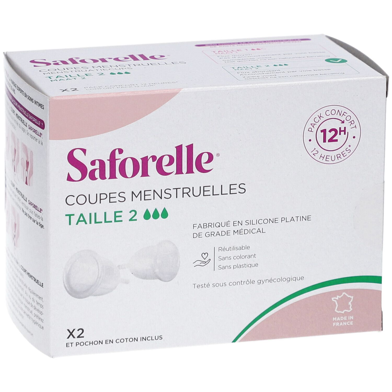 Boîte Saforelle Coupes Menstruelles Taille 2. Deux coupes et une pochette en coton. Réutilisable, sans colorant ni plastique. Fabriqué en France.