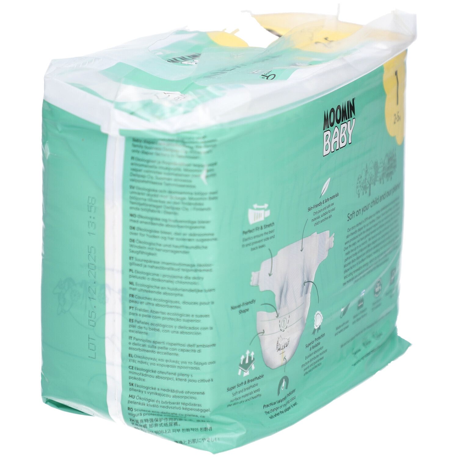 Paquet de couches Moomin Baby. Taille 1, 2-5 kg. Choix écologique. Neutre en CO2. Illustration de couche.