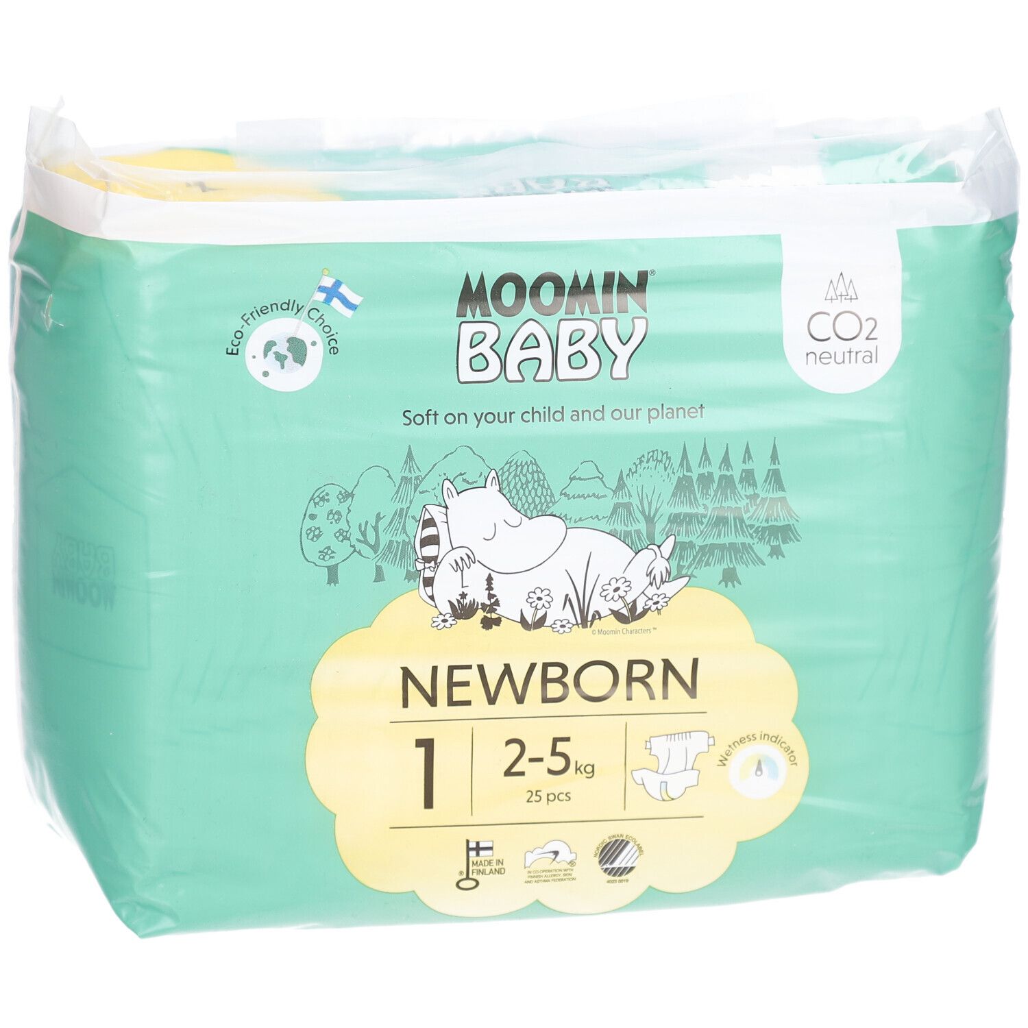 Paquet de couches Moomin Baby. Taille 1, 2-5 kg, 25 pièces. Neutre en CO2. Choix écologique.