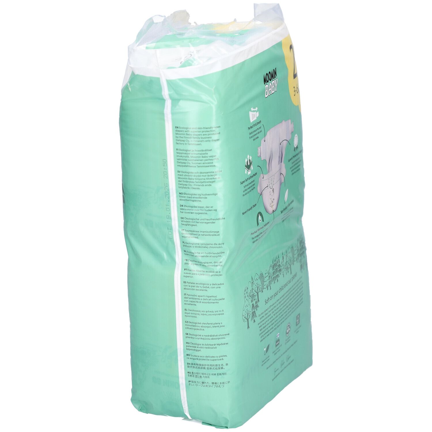 Vue latérale du paquet de couches Moomin Baby. Taille 2, 3-6 kg. Labels environnementaux et texte.