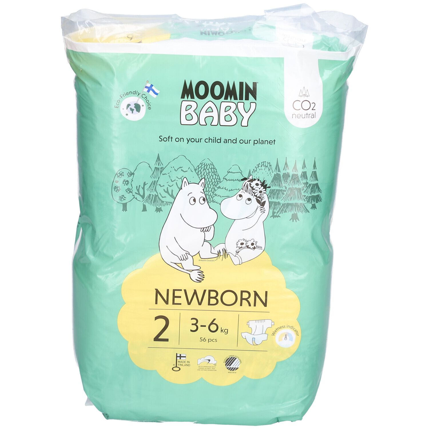 Paquet de couches Moomin Baby, taille 2, 3-6 kg. Illustration de personnages Moomin. Neutre en CO2 et respectueux de l'environnement.