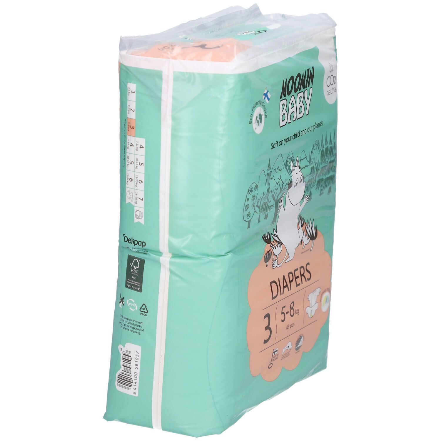 Paquet de couches Moomin Baby, taille 3, 5-8 kg. Design vert et blanc. Vue latérale du paquet avec informations et logo.