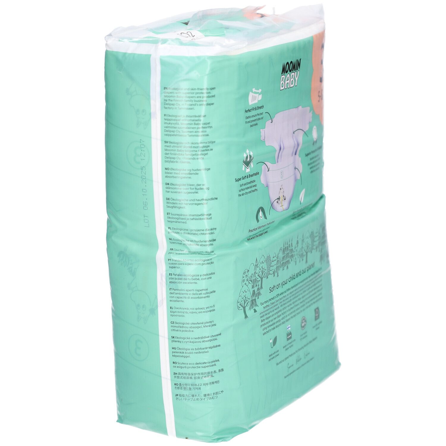 Vue latérale du paquet de couches Moomin Baby, taille 3, 5-8 kg. Affiche les informations sur le produit et le logo. Design vert et blanc.