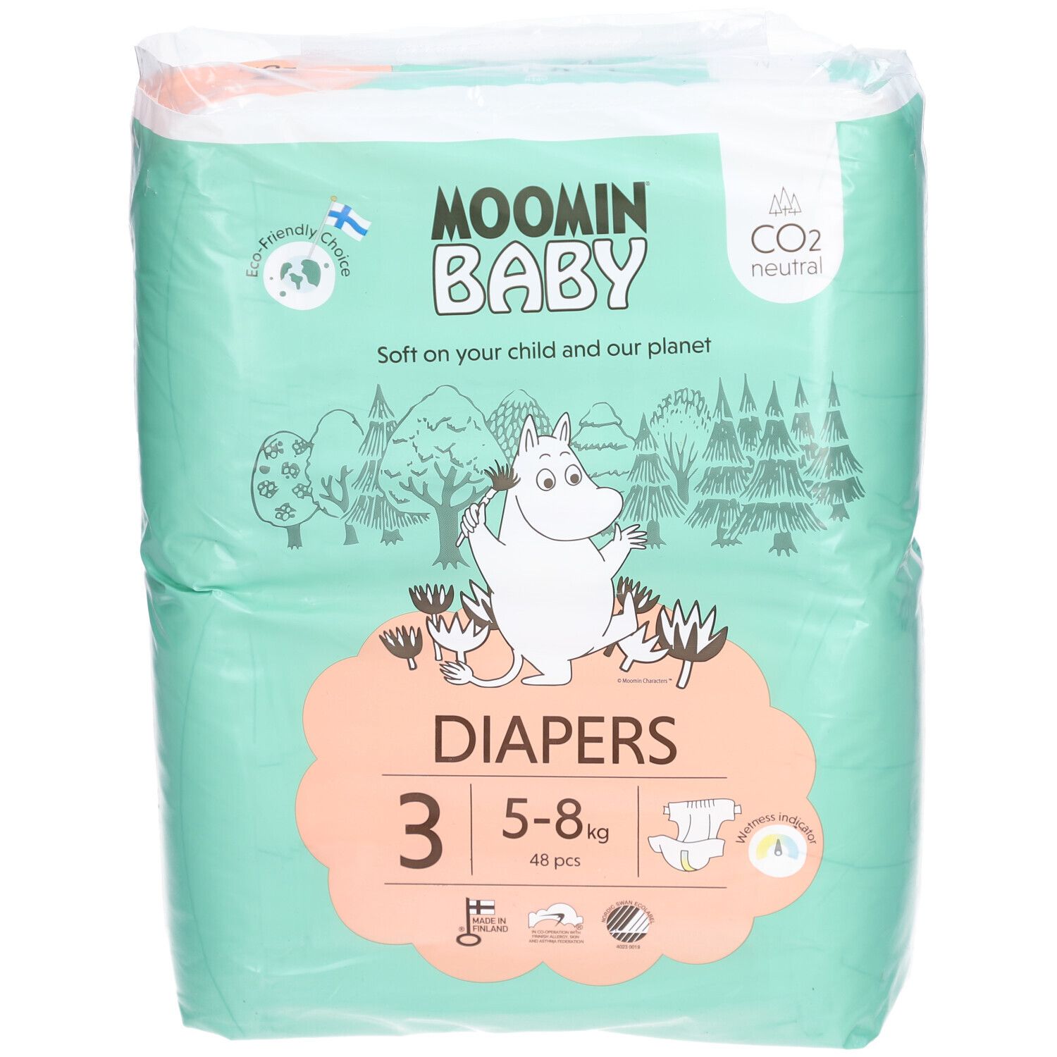 Paquet de couches Moomin Baby, taille 3, 5-8 kg. Design vert et blanc avec illustrations Moomin. Contient 48 pièces. Neutre en CO2.