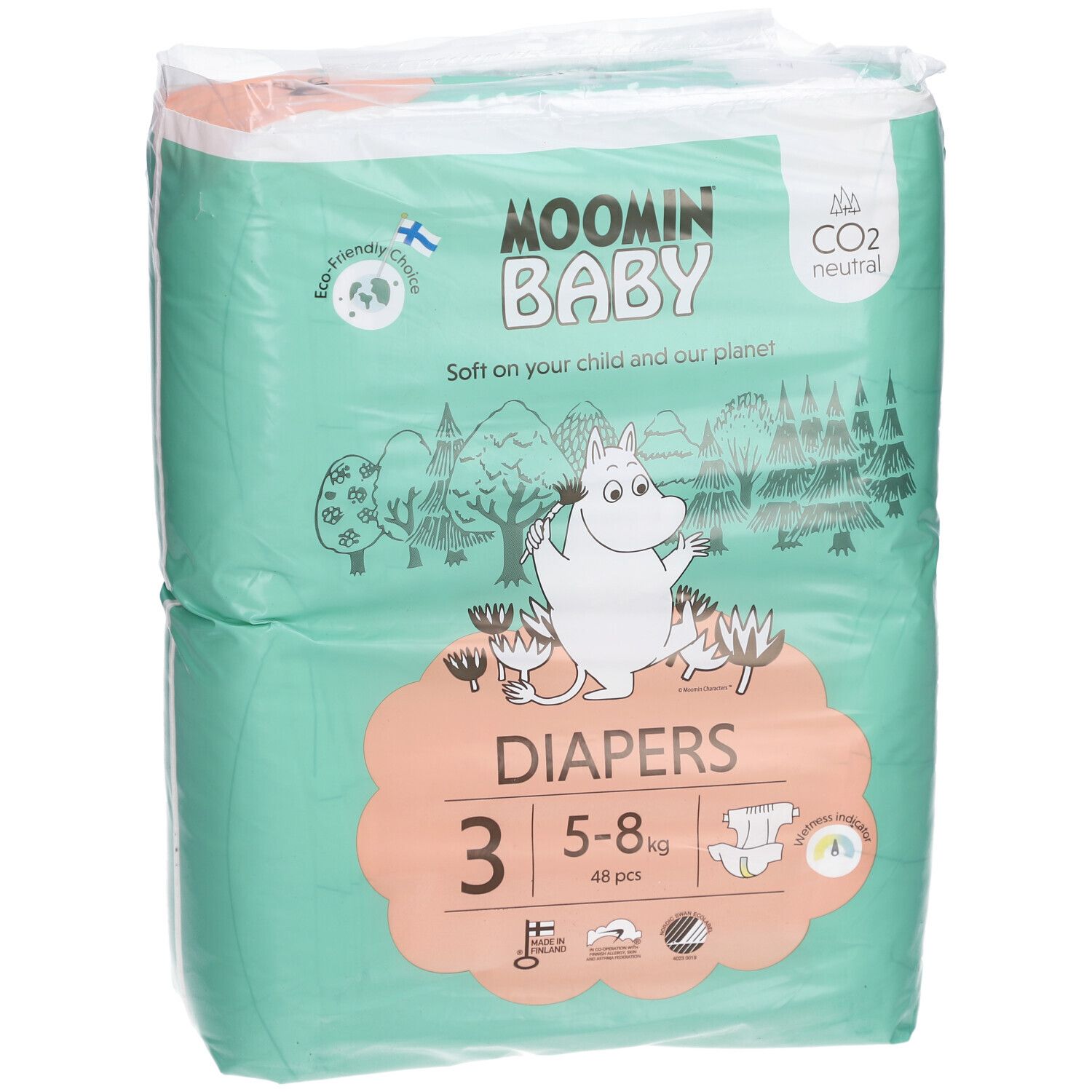 Paquet de couches Moomin Baby, taille 3, 5-8 kg. Design vert et blanc avec illustrations Moomin. Contient 48 pièces. Neutre en CO2.
