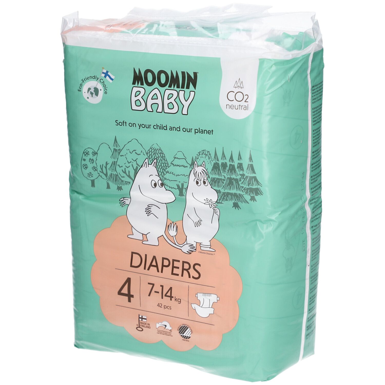 Paquet de couches Moomin Baby Taille 4 (7-14 kg). Vert et blanc, avec personnages Moomin et informations produit.