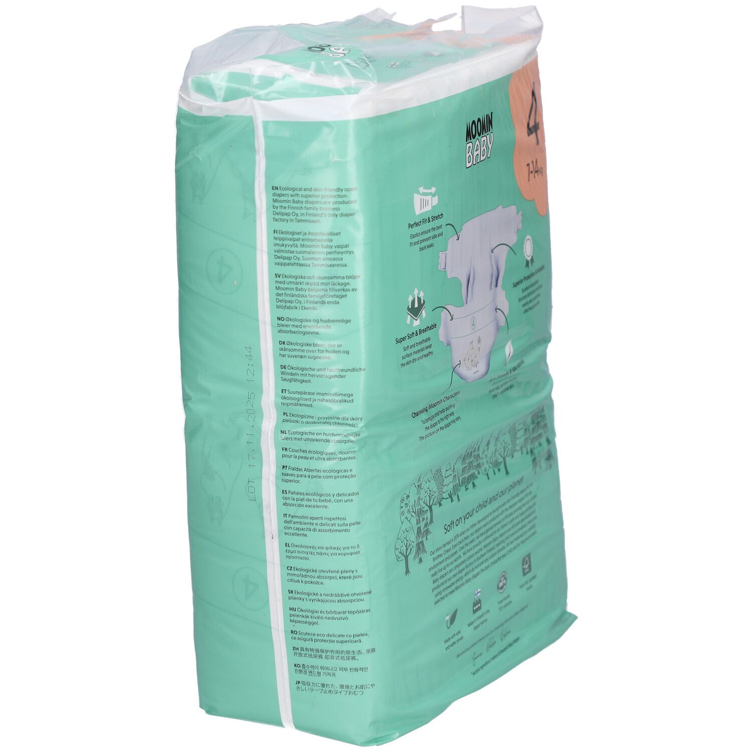 Vue latérale du paquet de couches Moomin Baby Taille 4 (7-14 kg). Vert, avec informations et illustrations.