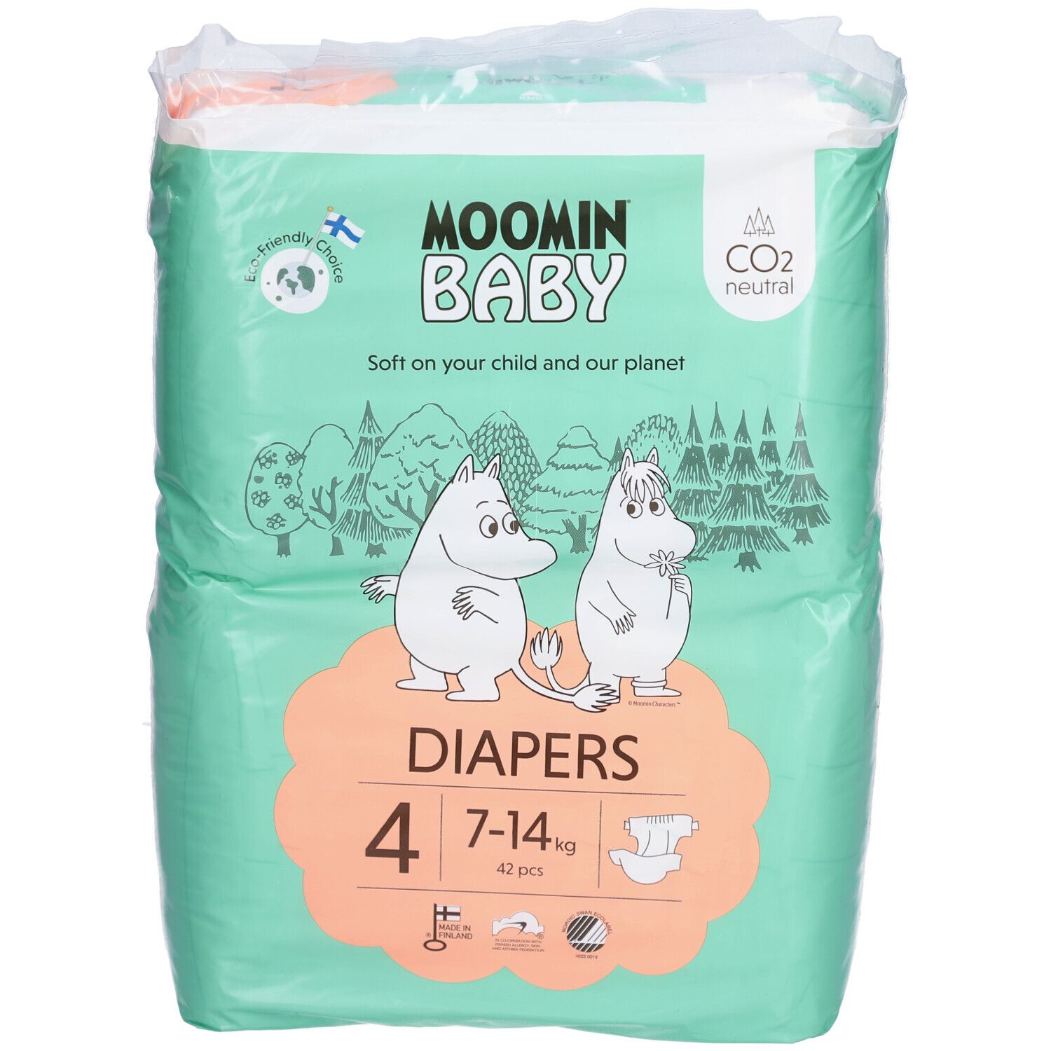 Paquet de couches Moomin Baby Taille 4 (7-14 kg). Vert et blanc, avec personnages Moomin et informations.