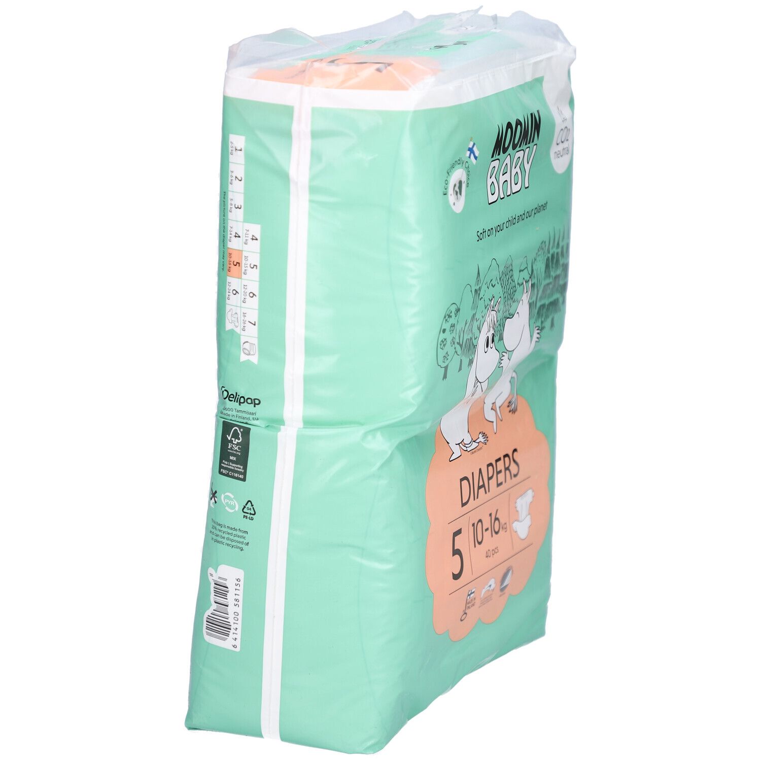 Paquet de couches Moomin Baby, taille 5 (10-16 kg). Emballage vert, vue latérale. Avec illustrations Moomin et texte.