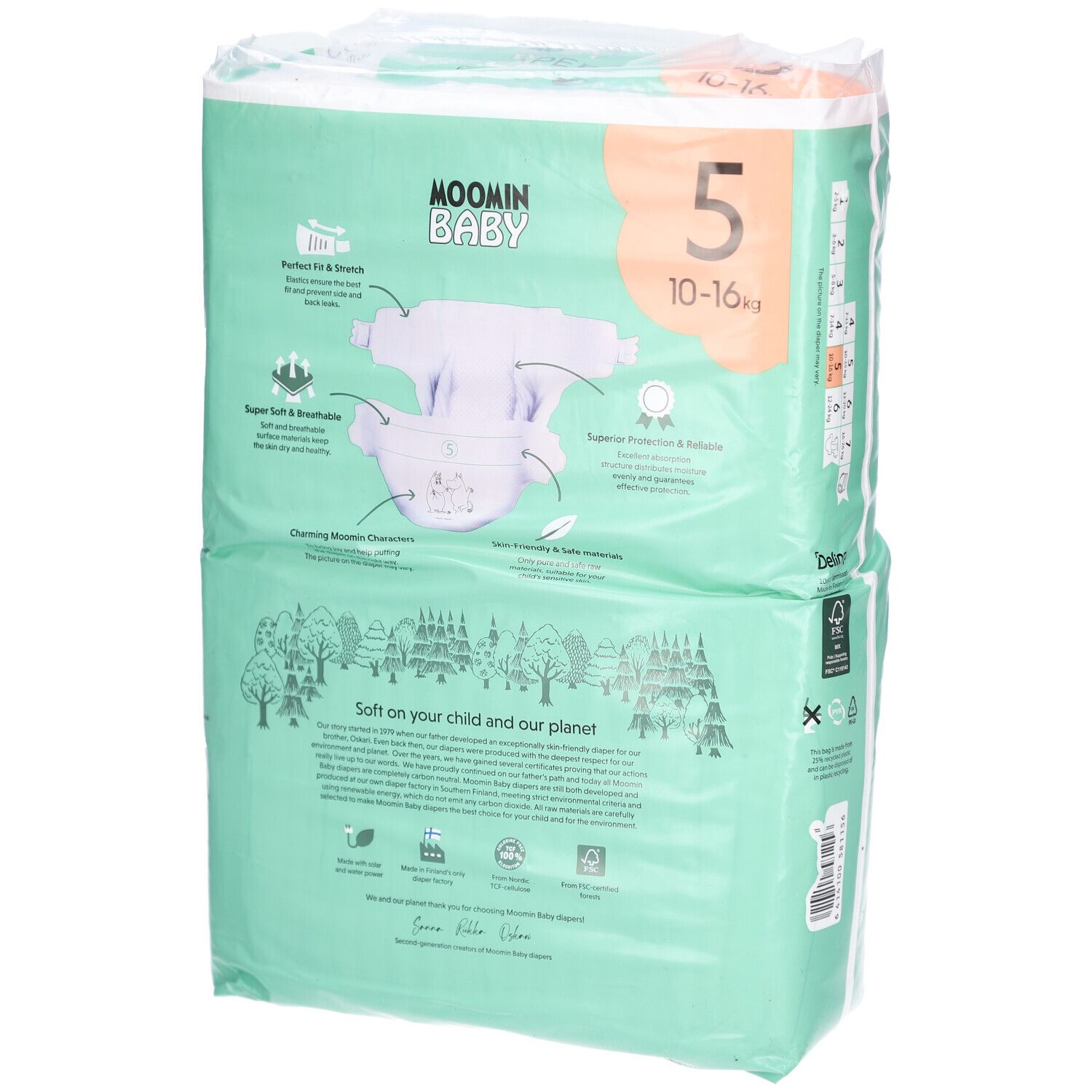 Paquet de couches Moomin Baby, taille 5 (10-16 kg). Dos avec informations et illustrations. Vert.