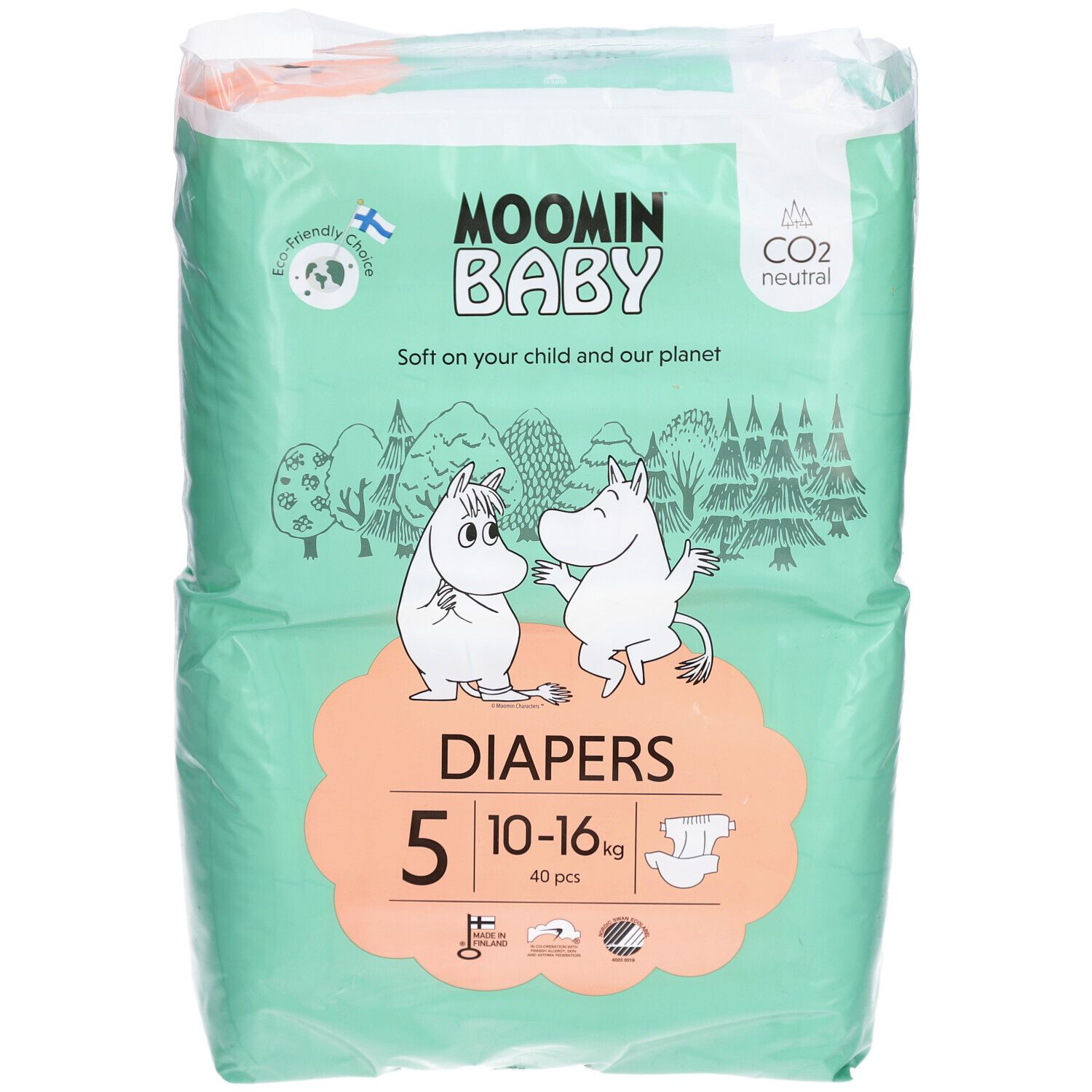 Paquet de couches Moomin Baby, taille 5 (10-16 kg). Vert avec illustrations Moomin. Contient 40 pièces. Neutre en CO2.