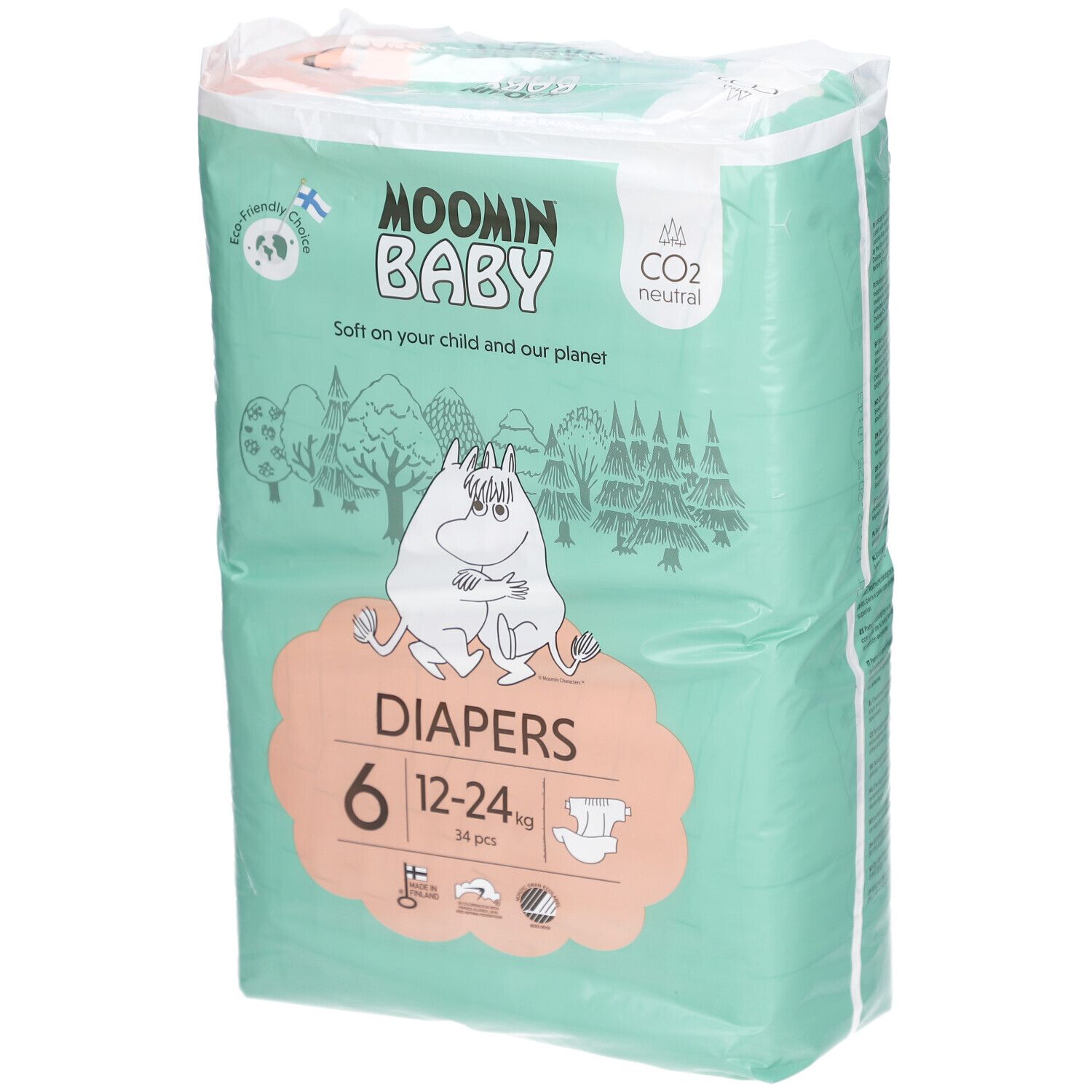 Paquet de couches Moomin Baby, taille 6, 12-24 kg. Vert et blanc, illustration Moomin. 34 pièces. Neutre en CO2.
