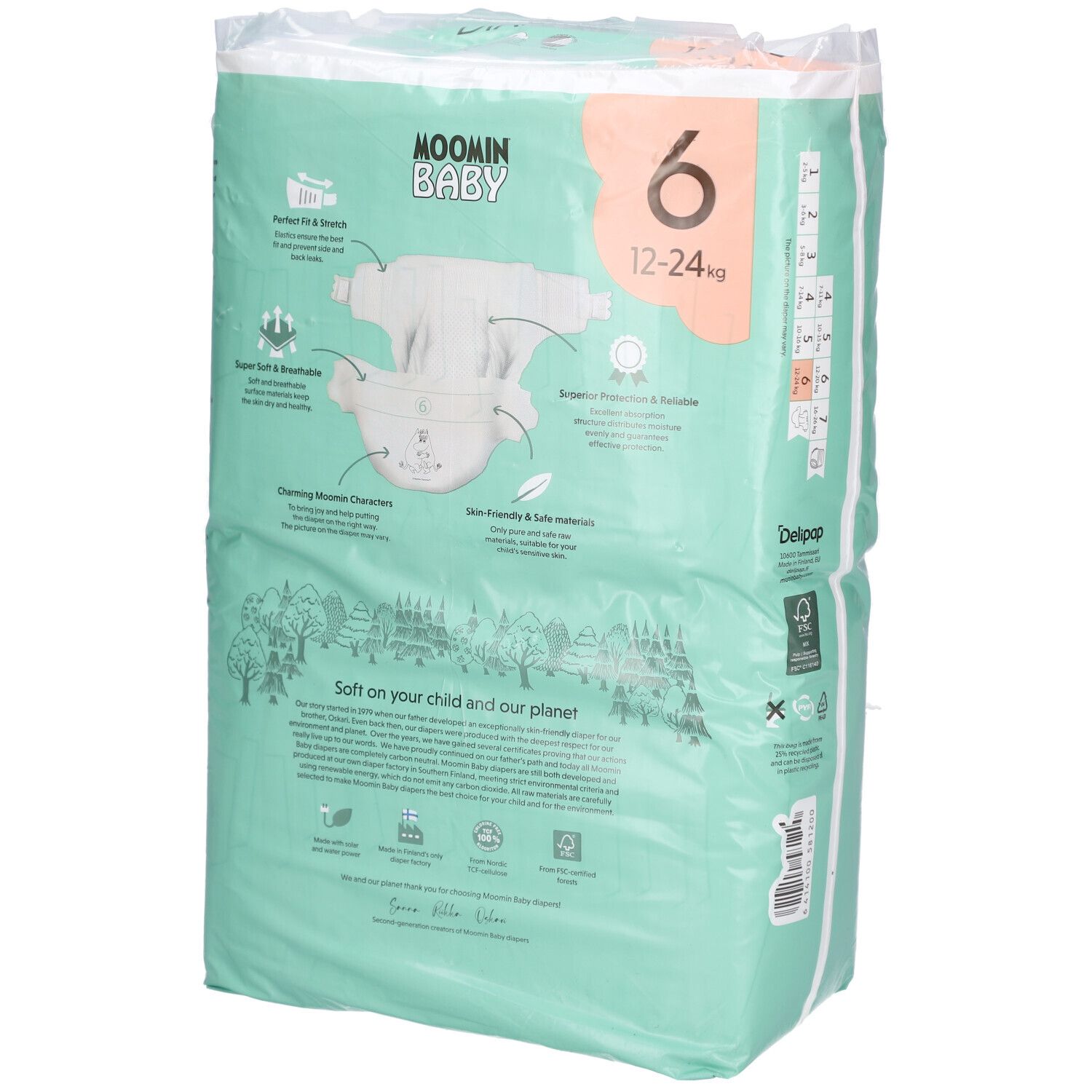 Dos du paquet de couches Moomin Baby, taille 6, 12-24 kg. Vert, avec informations et illustrations.