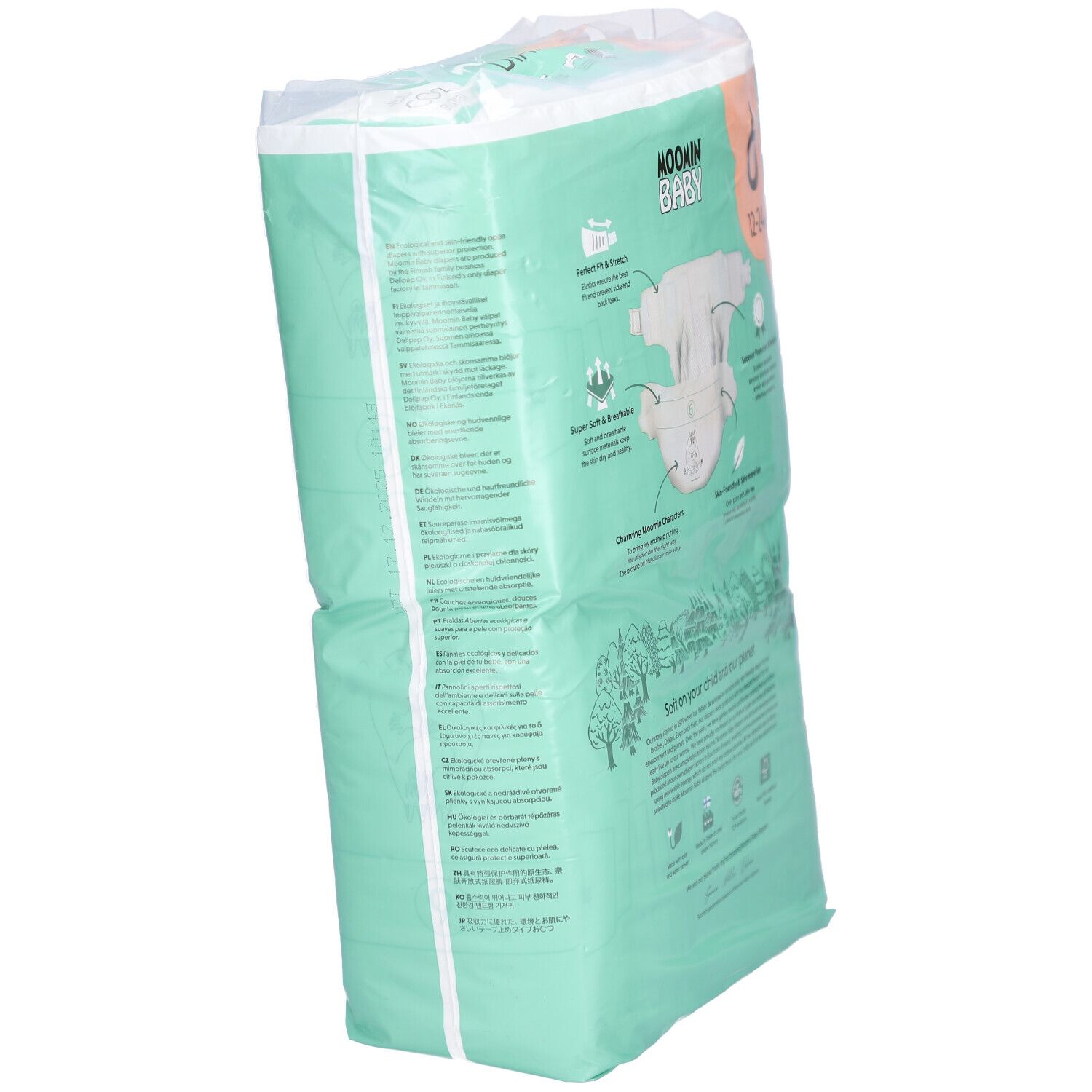 Vue latérale du paquet de couches Moomin Baby, taille 6, 12-24 kg. Vert, avec informations.