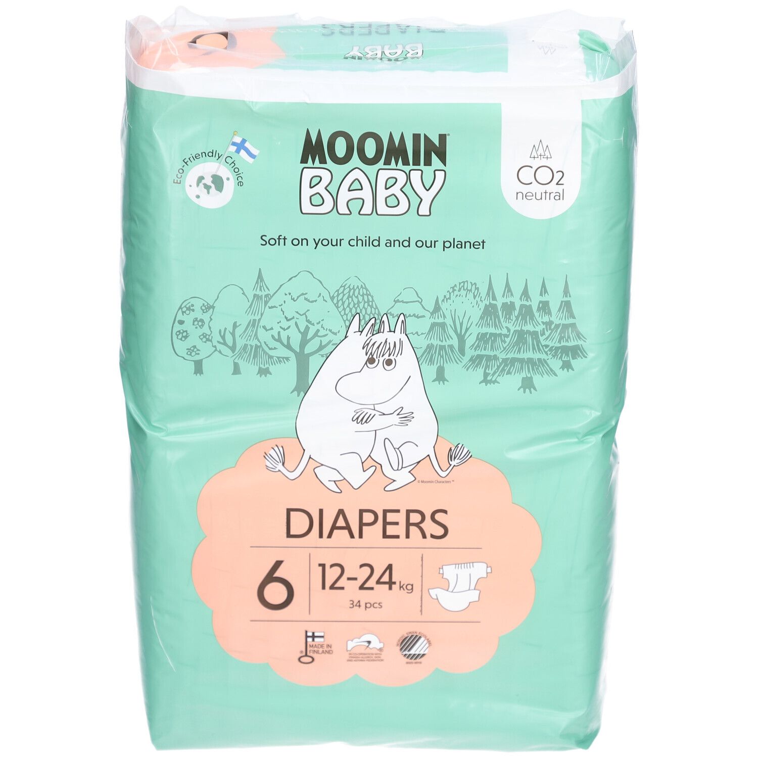 Paquet de couches Moomin Baby, taille 6, 12-24 kg. Vert et blanc, illustration Moomin. 34 pièces. Neutre en CO2.