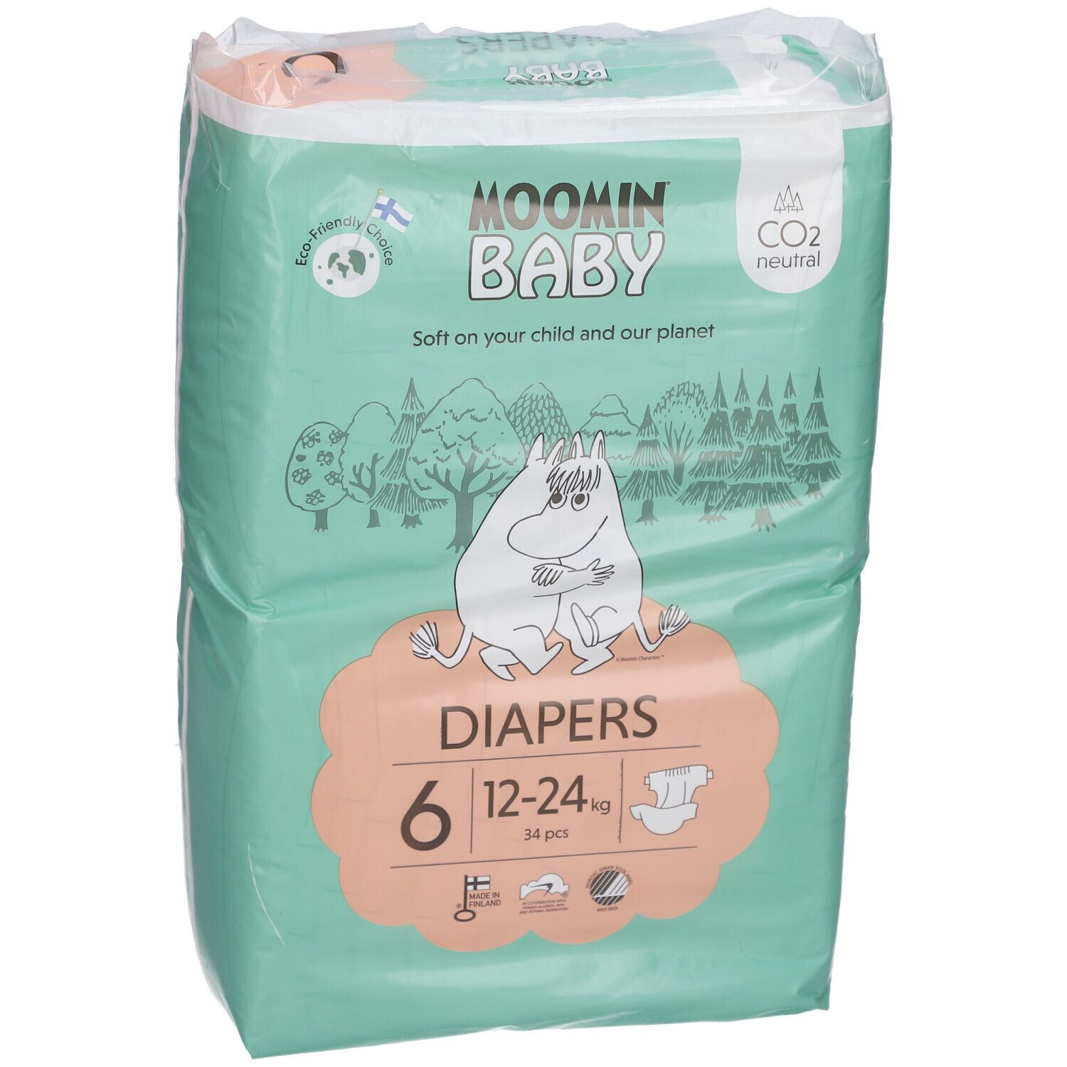 Paquet de couches Moomin Baby, taille 6, 12-24 kg. Vert et blanc, illustration Moomin. 34 pièces.