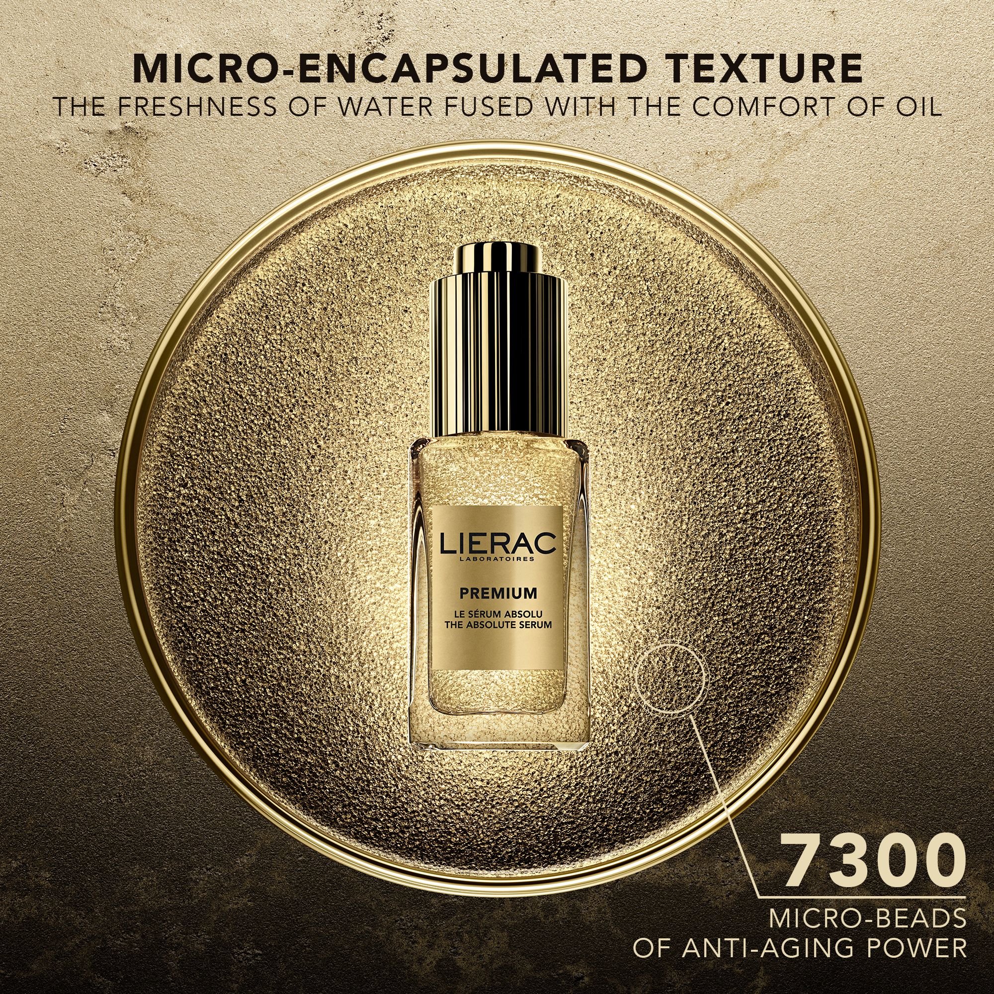 Flacon de sérum sur fond doré avec texte : MICRO-ENCAPSULATED TEXTURE, 7300 Micro-Beads.