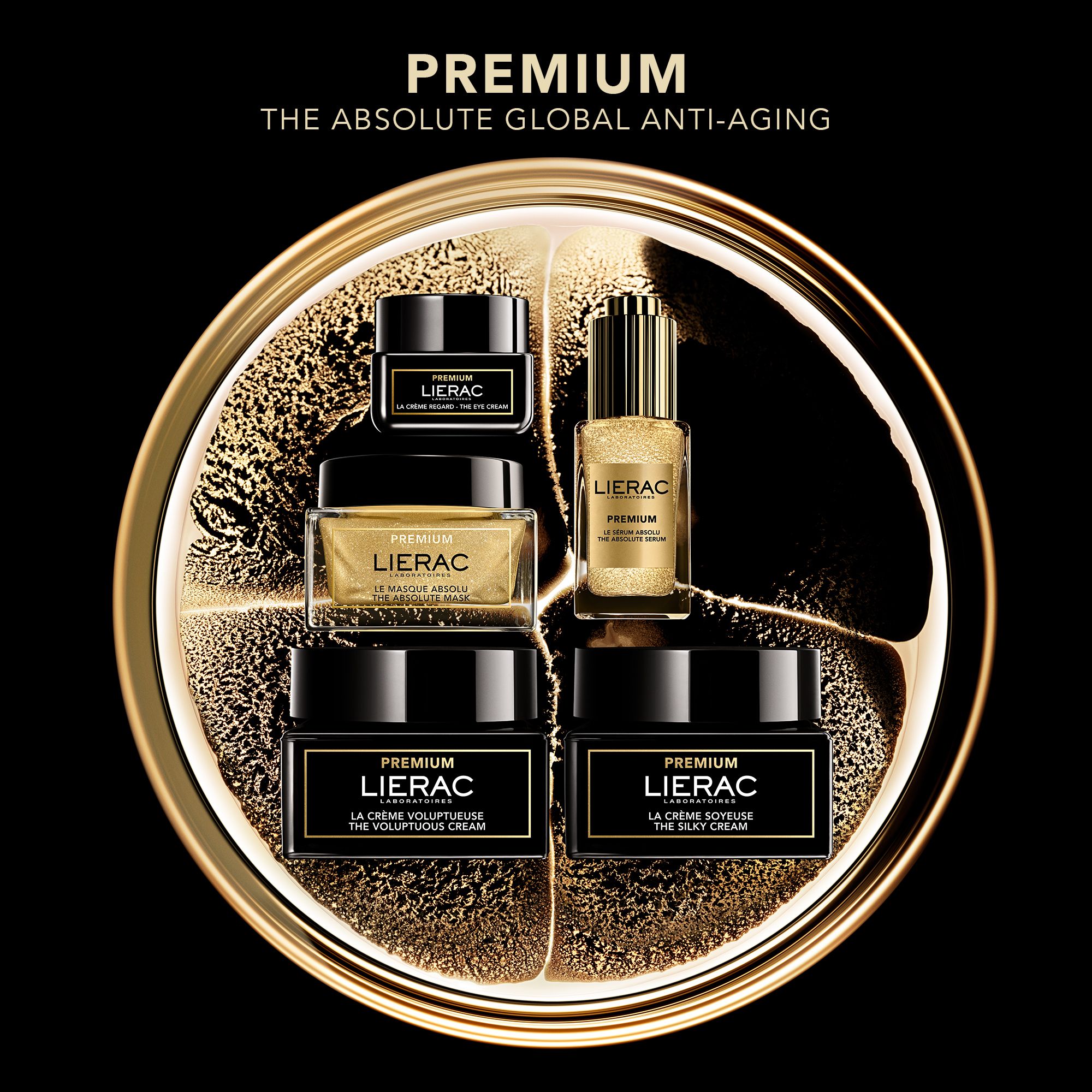 Différents produits sur fond doré. Texte : PREMIUM, THE ABSOLUTE GLOBAL ANTI-AGING.