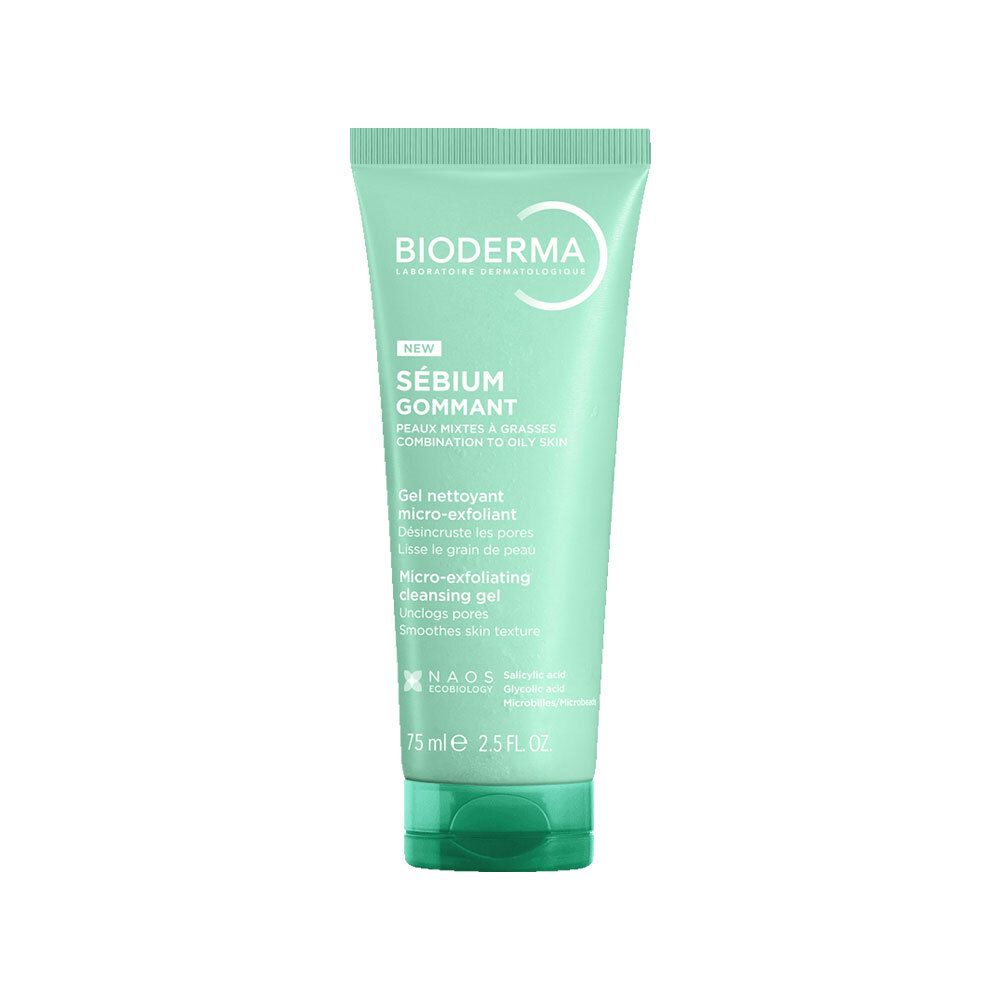 Tube turquoise avec texte blanc. Inscription: Bioderma, Sébium Gommant, Gel nettoyant micro-exfoliant. 75 ml.
