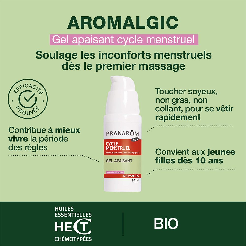 Gel Pranarôm Aromalgic. Flacon pompe blanc. Inscription: Cycle Menstruel, Gel Apaisant. Certification Bio.