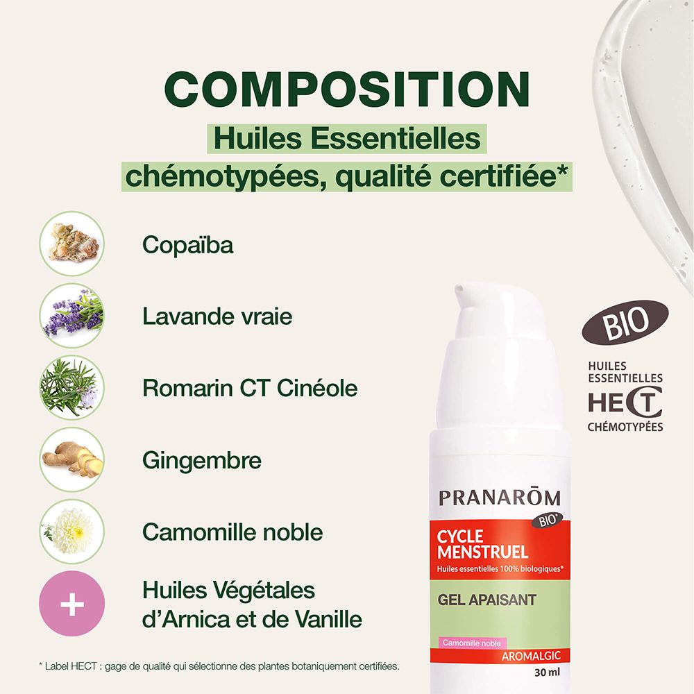 Gel Pranarôm Aromalgic. Flacon pompe blanc. Ingrédients: Copaïba, Lavande, Romarin, Gingembre, Camomille.