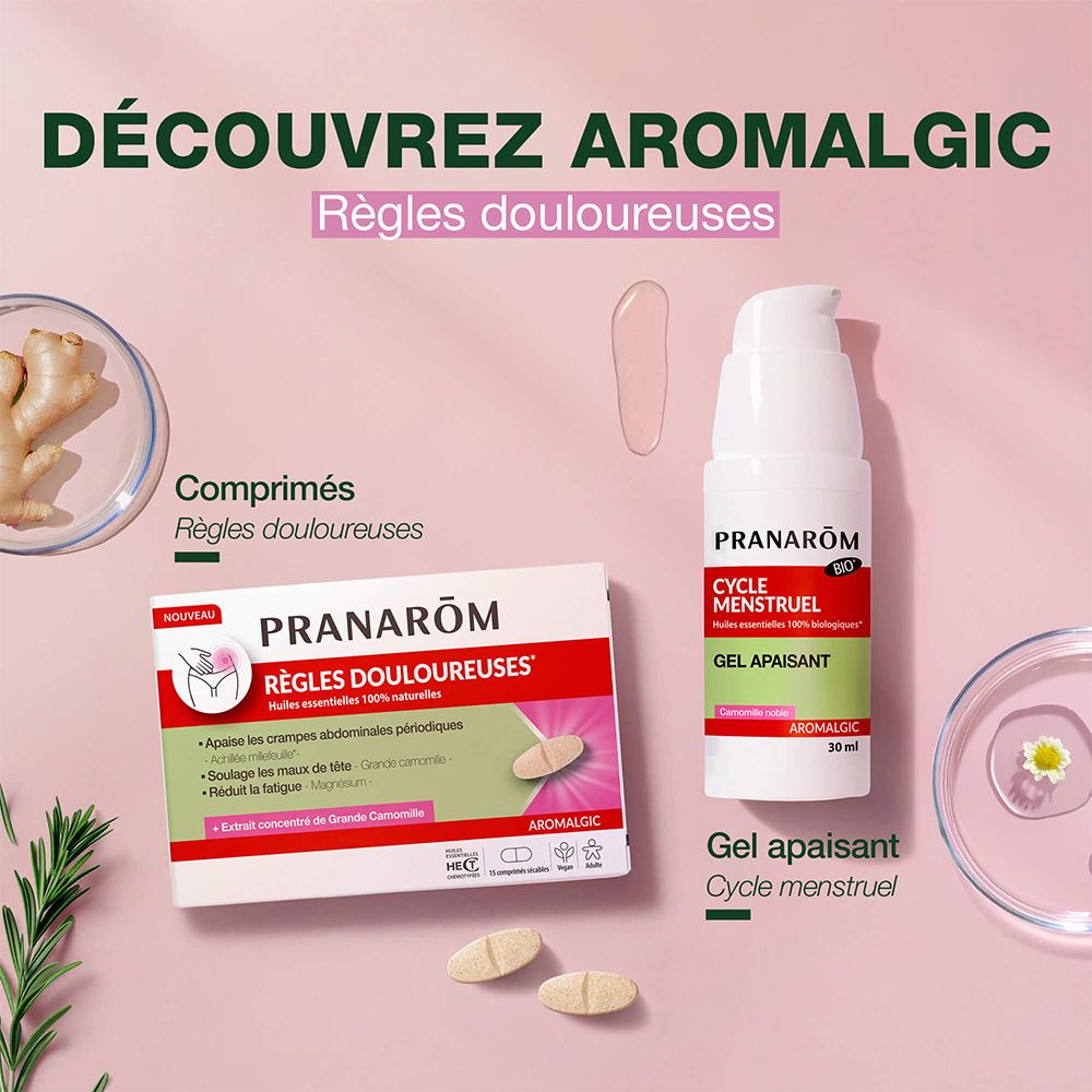 Pranarôm Aromalgic. Image produit avec comprimés et gel. Inscription: Règles douloureuses (douleurs de règles).