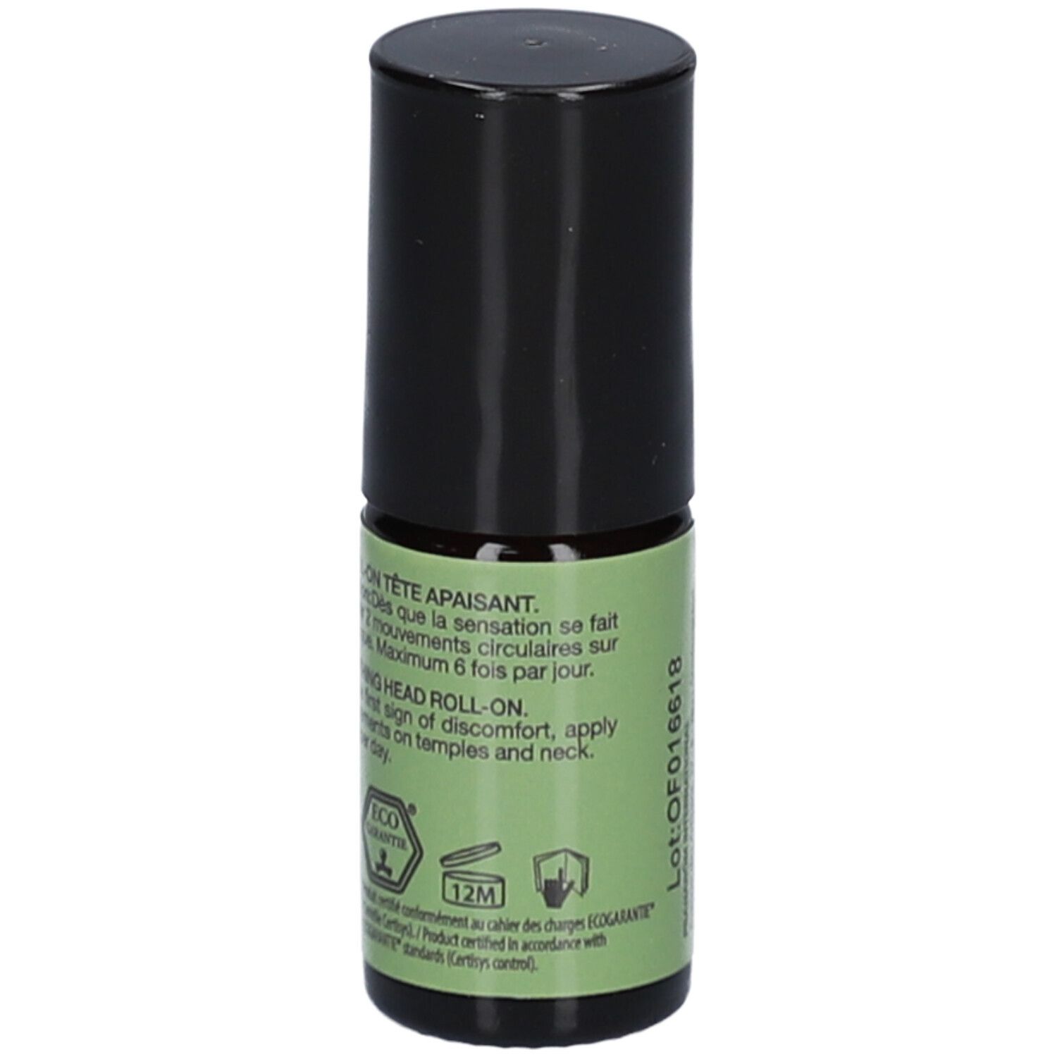 Flacon cylindrique noir. Étiquette verte avec texte et symboles. Texte: Head Roll-on. Logo Eco Garantie.