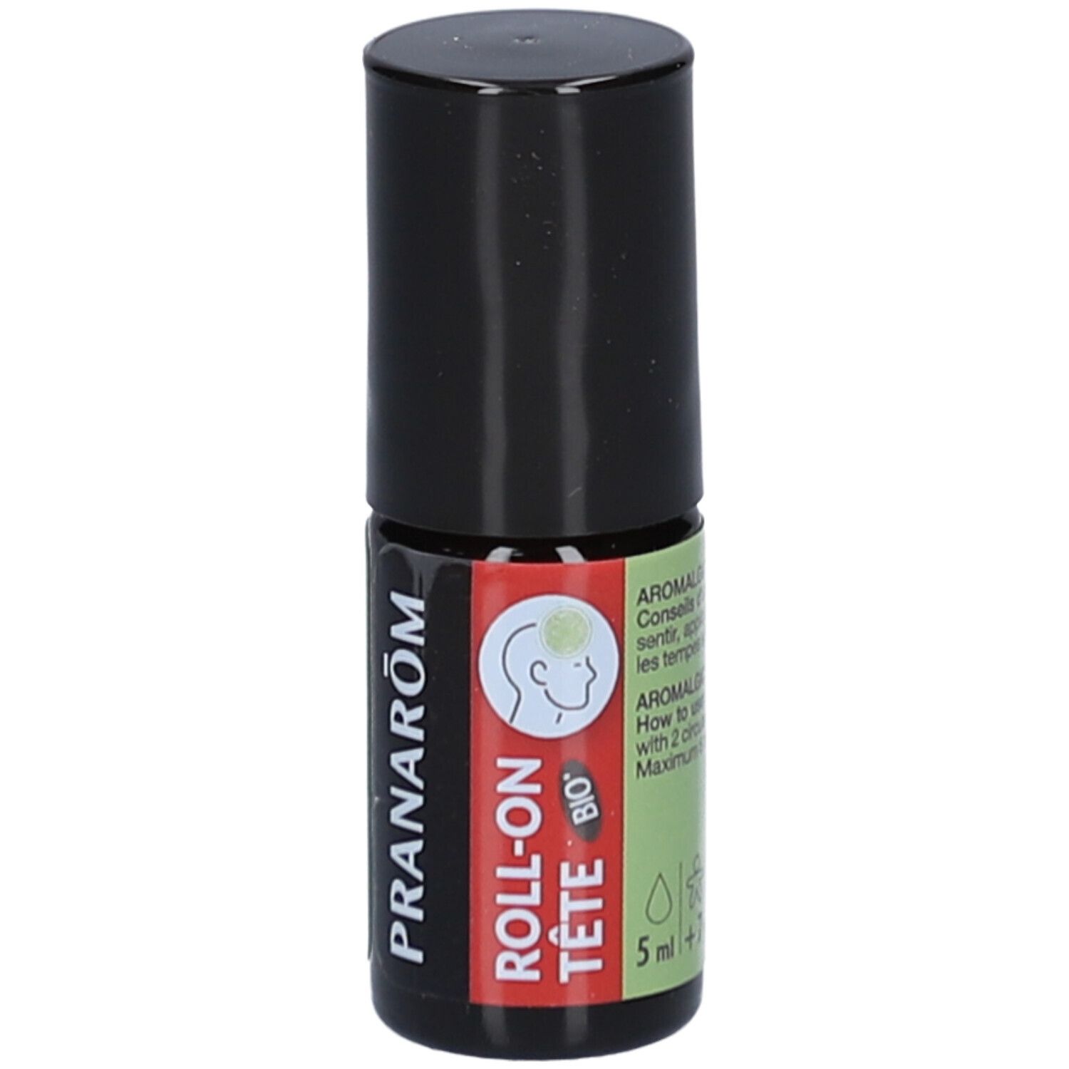 Petite bouteille noire. Étiquette rouge avec texte et logo. Texte: Roll-on Tête Bio. Logo Pranarôm.