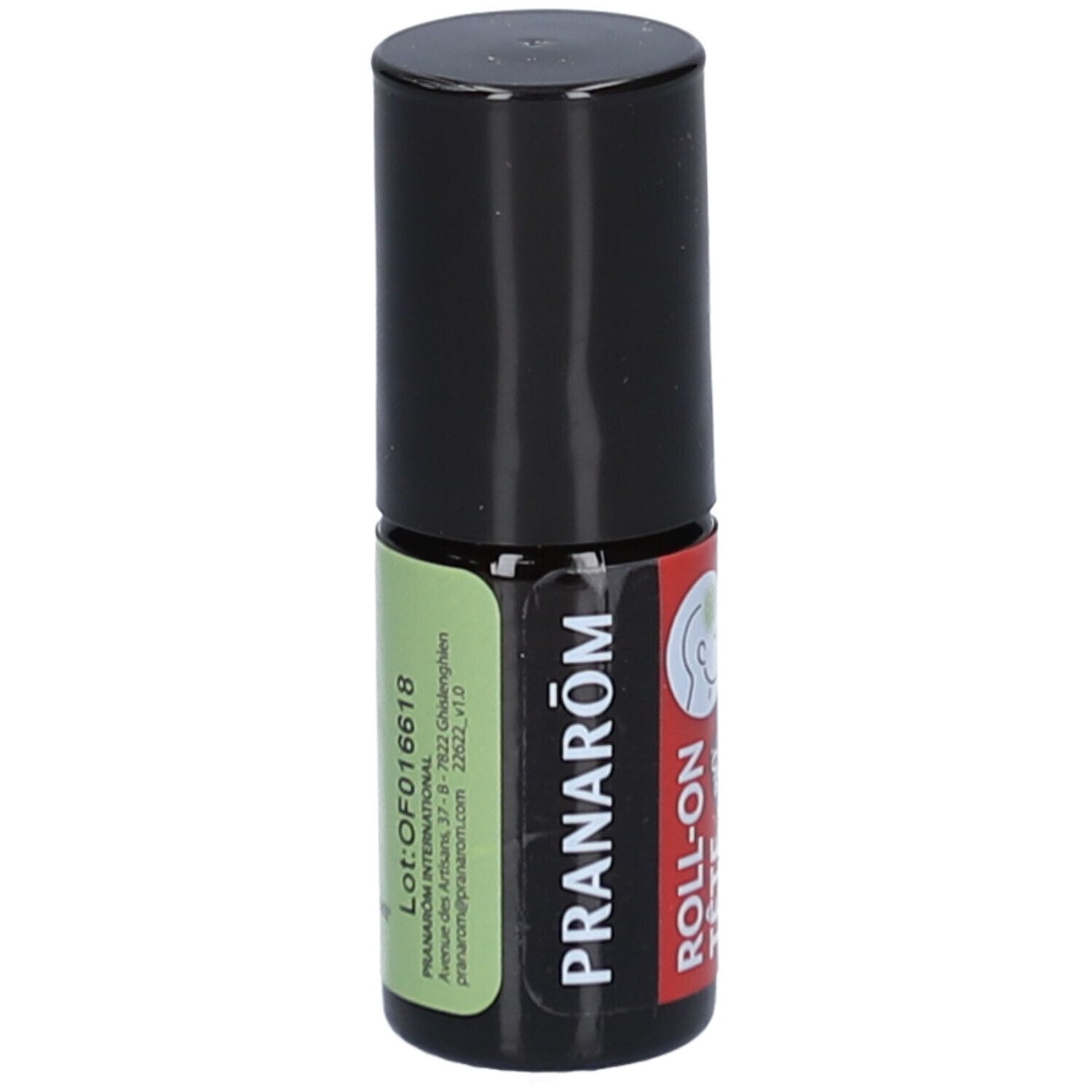 Petite bouteille noire. Étiquette avec texte et logo. Texte: Pranarôm. Roll-on Tête.