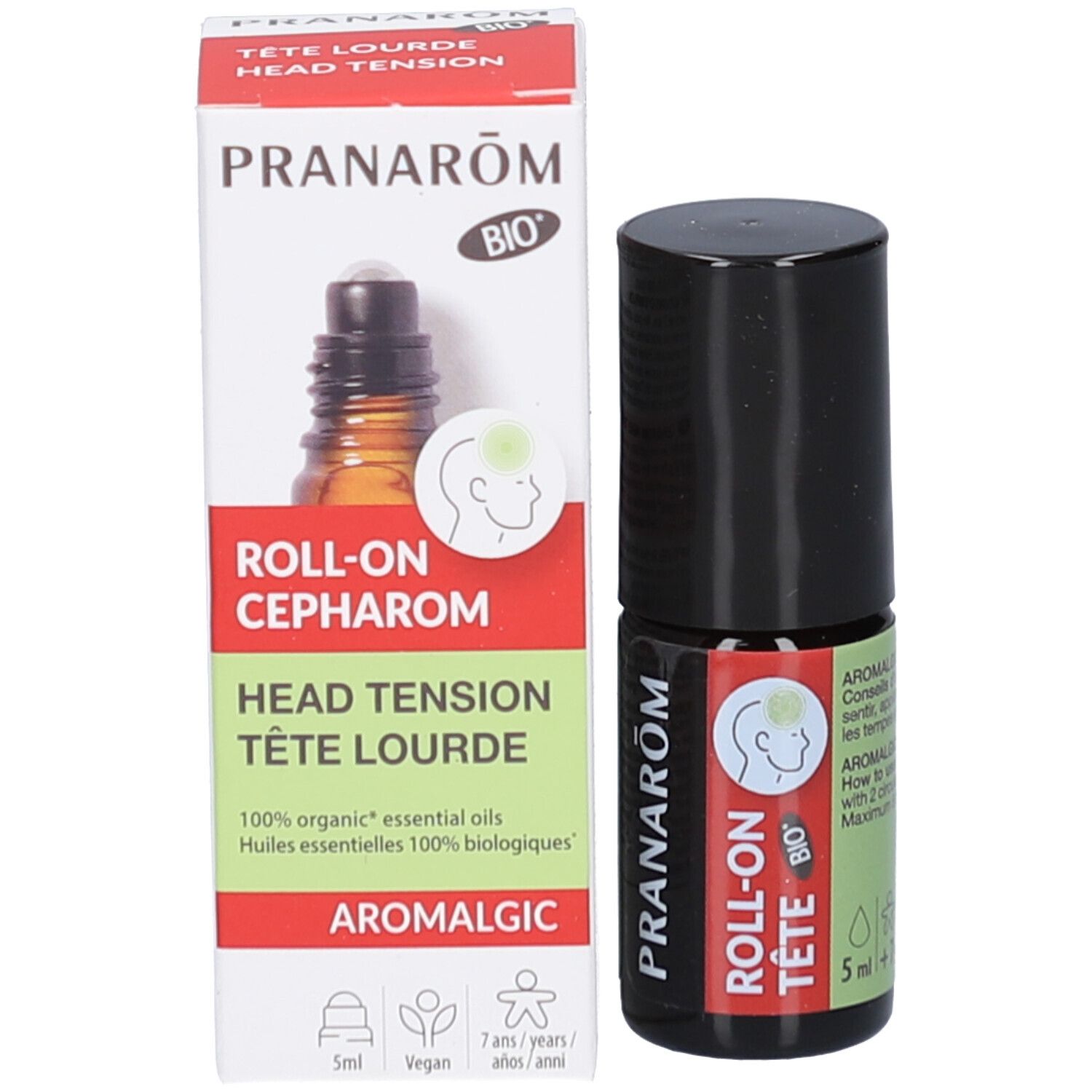 Emballage et flacon. Emballage blanc avec texte et logo. Flacon brun avec bouchon noir.